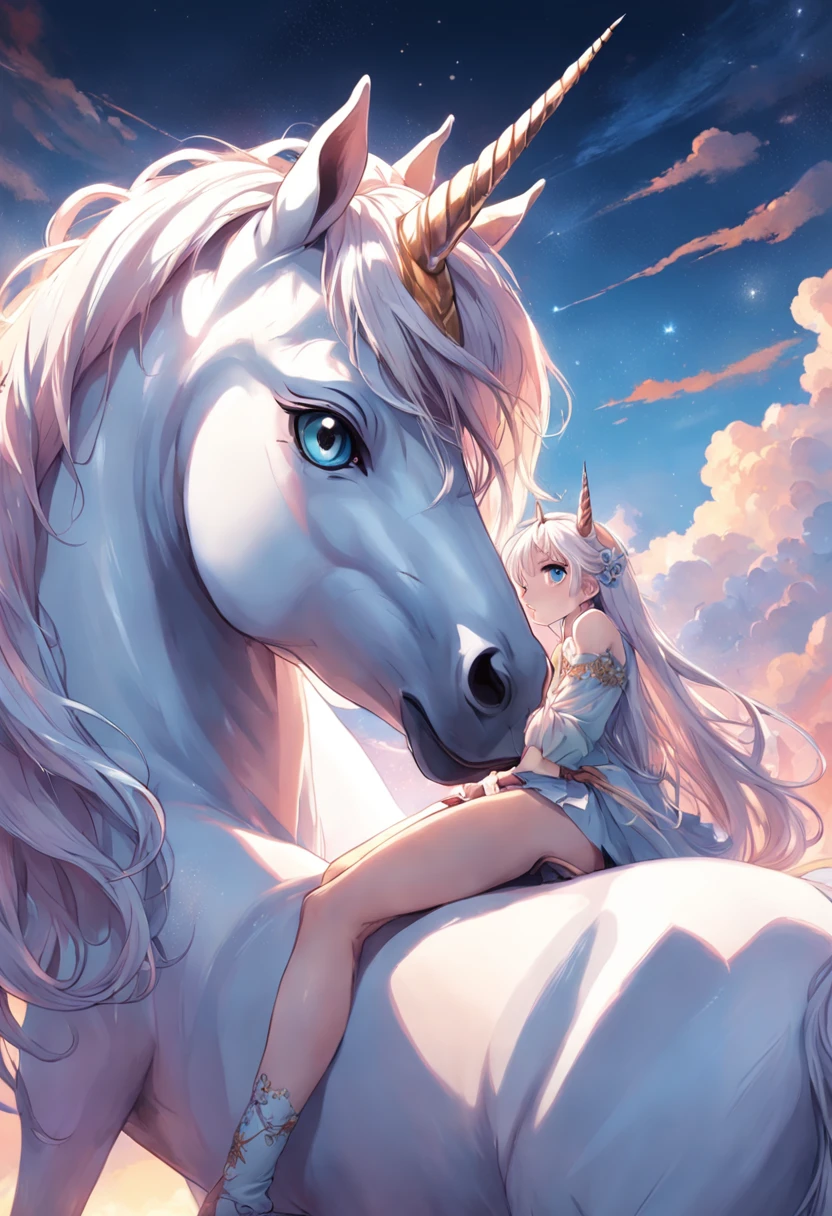 Huge unicorn boy,beautiful face,Long white hair,Black eyelashes,Blue pupil,The lower body is a white horse,Horse body and human head,Stand in the clouds,Overlooking the foot,