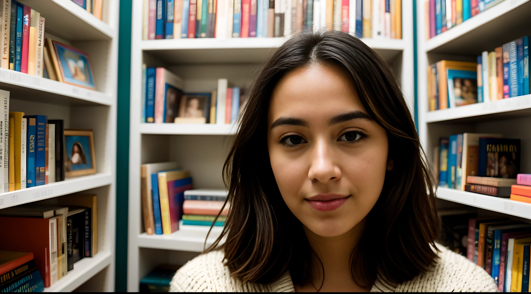 instagram photo, closeup face photo, An artistic portrayal of a woman surrounded by shelves of books, each volume representing a different chapter of her imagination, Panasonic Lumix GH5 with 24mm f/1.4 lens, balanced indoor lighting, creative storytelling photography.