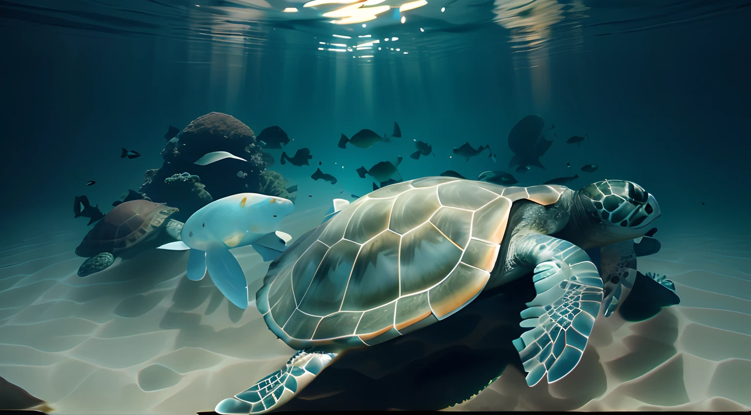 high qulity，photore，photorealestic，Clear details，（（one sea turtle）），Turtles lie on the bottom of the sea，Close-up of sea turtles，Top-down view，Turtle back，Undersea light and shadow
