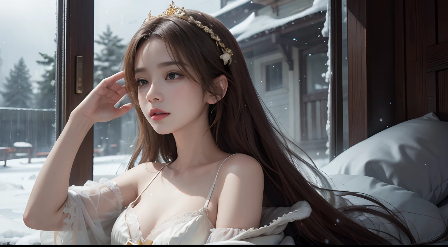 8K, best qualtiy, masterpiece, photograph realistic, Hide your face with happiness, medium breasts, ta costume, listening to music with head phones, golden Lace, Aerith Gainsborough, whole body, undergarments, exposed bare shoulders, do lado de fora, outside, Covered with snow, cloaks, high high quality, Adobe Lightroom, highdetailskin, looking at viewert, rainning background, rain window
