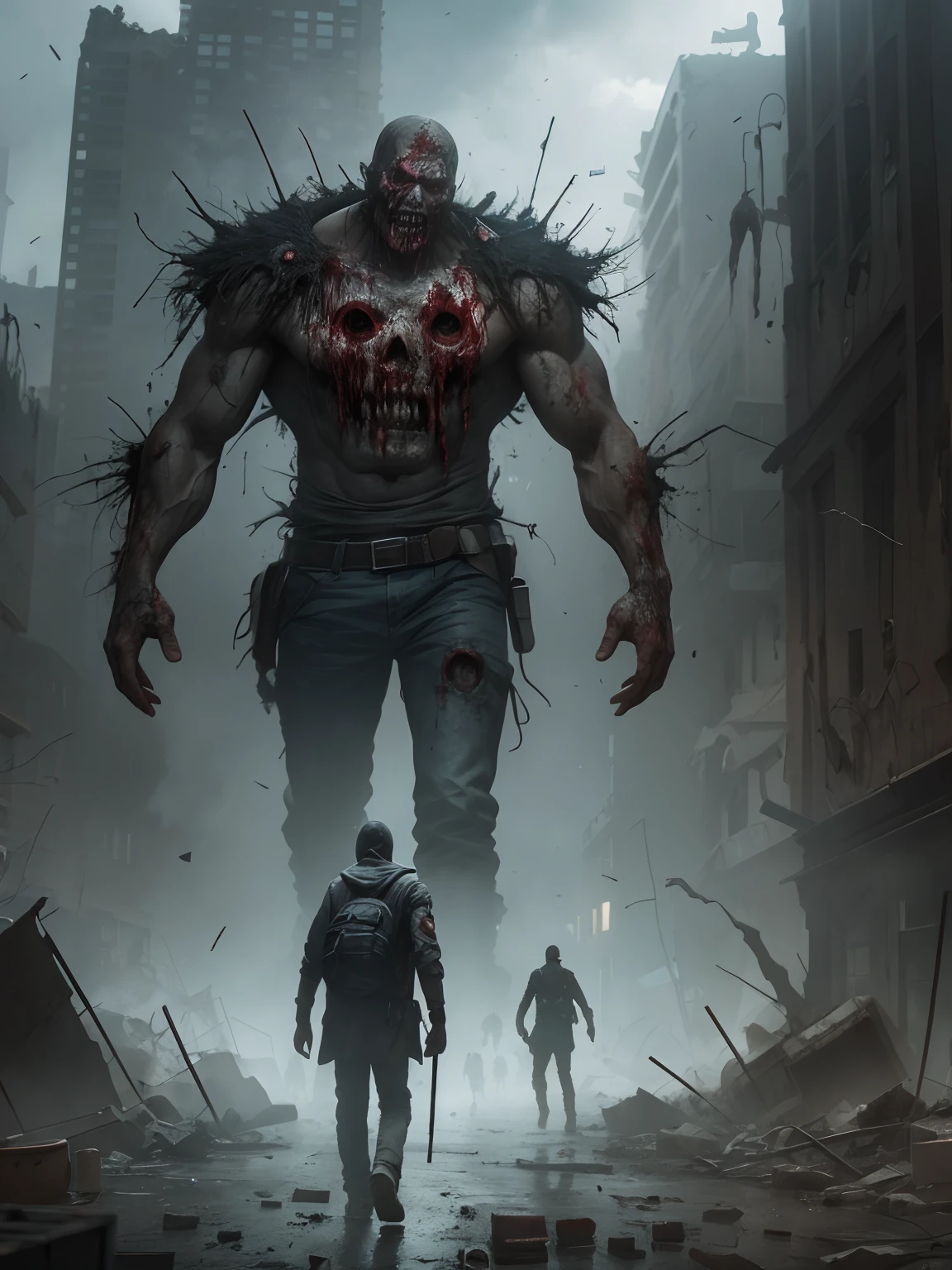 Zombies wander the destroyed city，Covered with black mold，realisticlying，concept-art，depth of fields，A giant zombie，musculature，