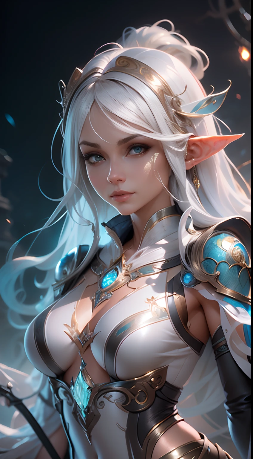 Amazingly beautiful elven female with silver hair, fit body, fantasy, Intricate, elegant, Highly detailed, Digital painting, art  stations, concept-art, smooth, Sharp focus, illustration, art by artgerm and greg rutkowski and alphonse mucha