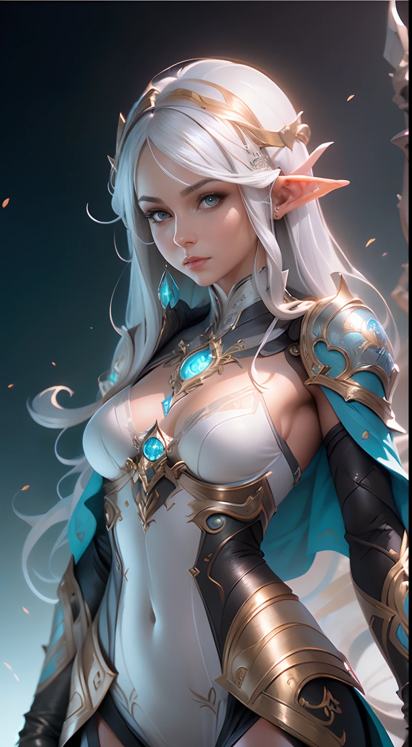 Amazingly beautiful elven female with silver hair, fit body, fantasy, Intricate, elegant, Highly detailed, Digital painting, art stations, concept-art, smooth, Sharp focus, illustration, art by artgerm and greg rutkowski and alphonse mucha