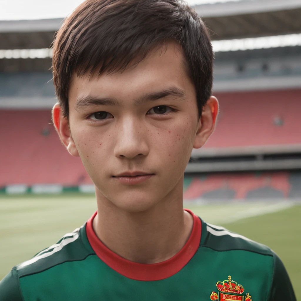 A height of 1.75m 12-year-old Chinese teenager,Wearing the number 7 shirt of the Portuguese national football team，Boy student，Robust and compact，Use snapshots to capture moments when teenagers play soccer，The background blends in with the player in the distance，Old Trafford Football Stadium，Sports full-body photos，Sports full-body photos，Football league,Cinematic texture，Positive main light，Fill light，(professional 3d render:1.3) af (Realistic:1.3) most beautiful artwork photo in the world, full body 8k unity render, action  shot, skin pore, Detailed, (vibrant, photograph realistic, Realistic, Dramatic, Dark, Sharp focus, 8K), , ((((The number 7 shirt of the Portuguese national football team)))), ,(Highly detailed:1.4), Digital painting, rendering by octane, art  stations, concept-art, smooth, Sharp focus, illustration, wlop ilya kuvshinov, and greg rutkowski and alphonse mucha gracias, (Global illumination, Studio light, volumettic light),