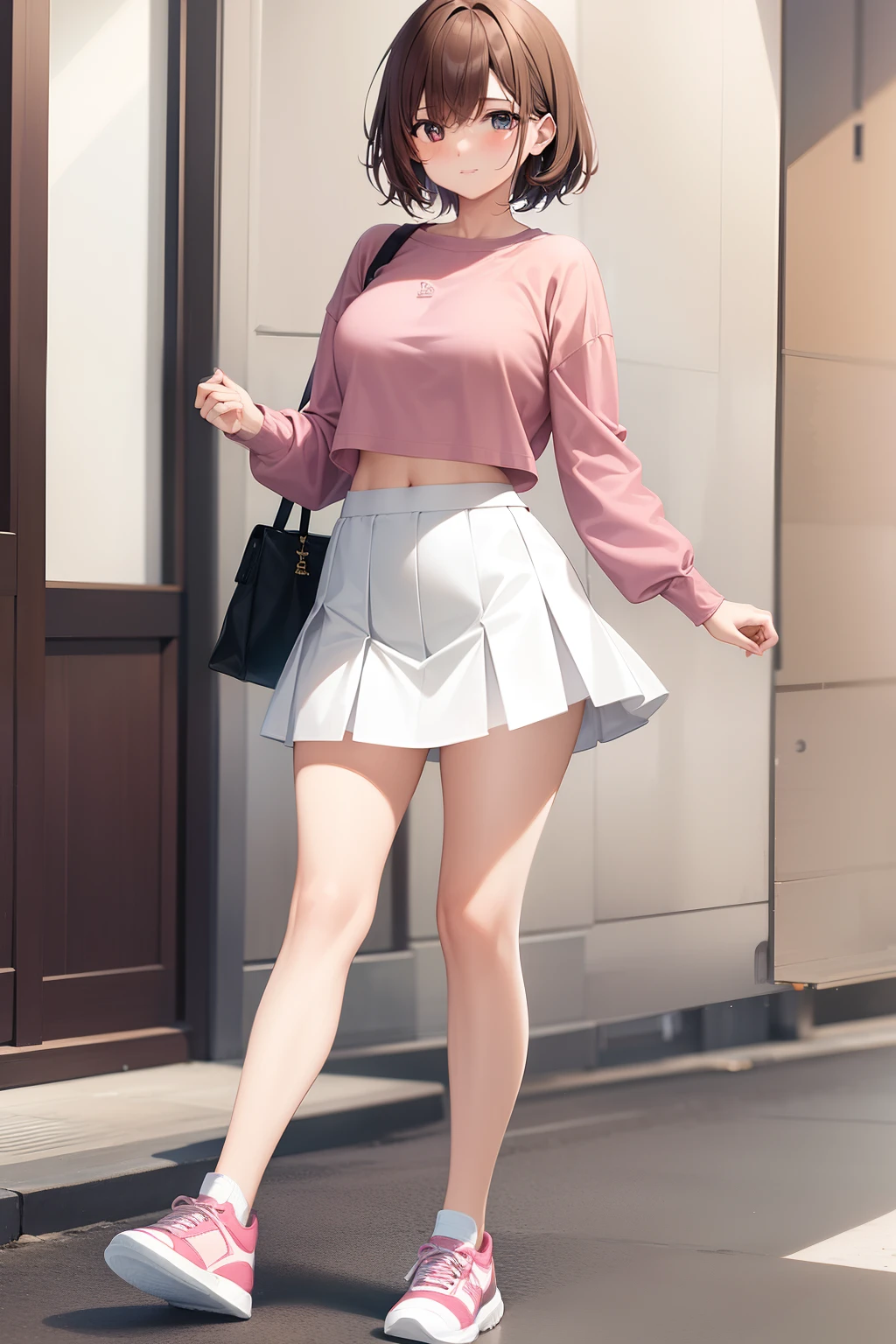 1 female, full body, brown short hair, loose pink long-sleeved shirt, midriff, white_pleated skirt, pure white_chunky sneakers, dancing