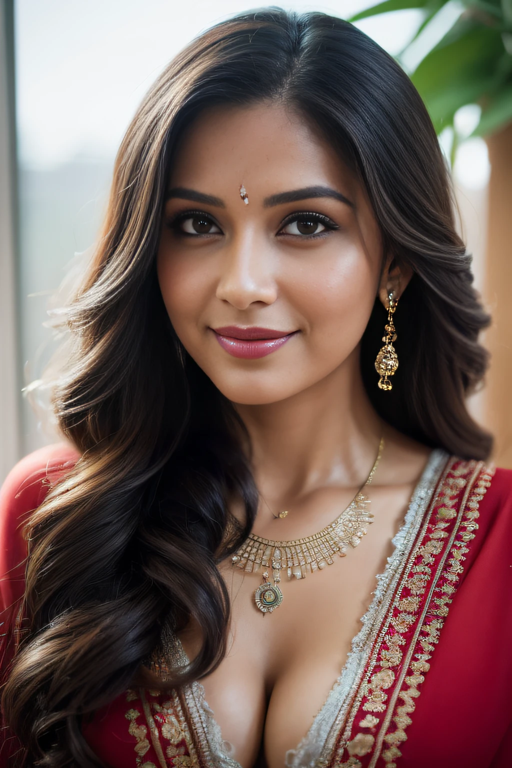 Portrait of A confident-looking Indian woman with flowing long and thick hair, hazel eyes, wet seethrough clothes, red cape, a smile on the face, a lusty look, red bindi, sitting on pathway in a village, c-cup breast, perfect composition, hyperrealistic, super detailed, 8k, high quality, trending art, trending on artstation, sharp focus, village photo, intricate details, highly detailed, art by Greg Rutkowski