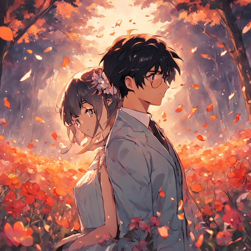 a couple, wedding, man with glasses, black hair, flowers, country