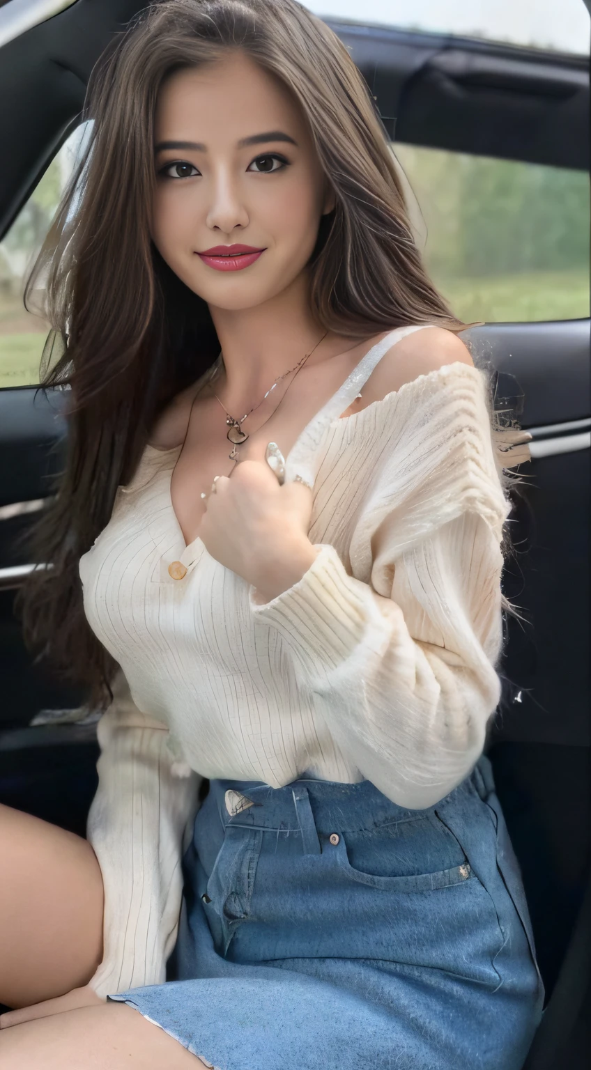 ((top-quality、8K、masterpiece:1.3))、Focus:1.2、Perfect Body Beauty:1.4、s ass:1.2、((Delicate hair))、(sweater dress:1.1)、(Porsche 911 Cabriolet driver's seat、Street:1.2)、Highly detailed facial and skin texture、A detailed eye、二重まぶた、Whiten skin、Colossal tits、A smile、a necklace、Wearing a ring、A person sitting in a car with his butt up々、