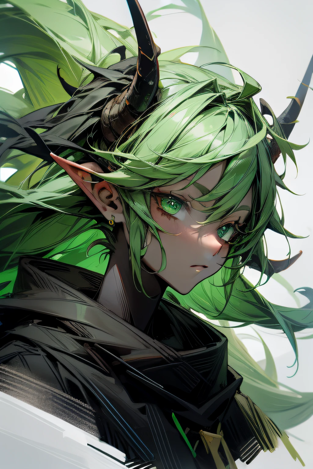 Black, green accent, horns, portrait