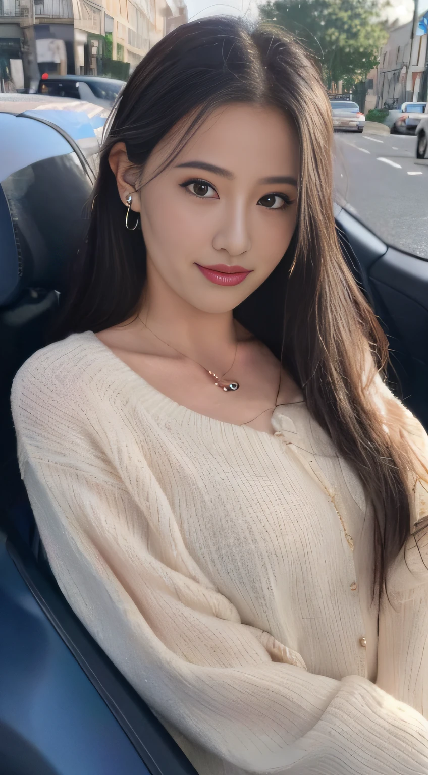((top-quality、8K、masterpiece:1.3))、Focus:1.2、Perfect Body Beauty:1.4、s ass:1.2、((Delicate hair))、(sweater dress:1.1)、(Porsche 911 Cabriolet driver's seat、Street:1.2)、Highly detailed facial and skin texture、A detailed eye、二重まぶた、Whiten skin、Colossal tits、A smile、a necklace、Wearing a ring、A person sitting in a car with his butt up々、
