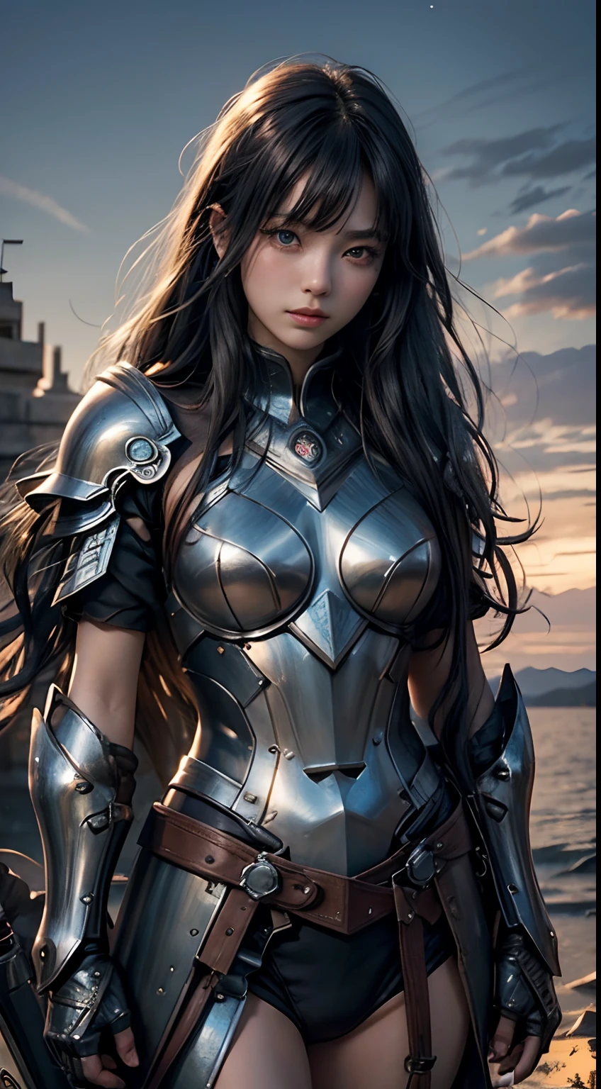 (8K, Raw photography, top-quality, masterpiece:1.2), One Woman、Japan at the age of 18,fullllbody.{scinematic angle、Wide Angle、Don't split the screen、}(Realistic Skins 1.4)、(valkyrie、Valkyria)、(((Western knights、Plate armor covering the whole body、Metal armor、nffsw、Holding the Great Sword)))、(((Sky with light、Asgard))、50mm Lens、30mm film、wide angles、(long、)、(A dark-haired、The forehead is hidden by bangs、)、Black eyes、shinny skin、beautiful detailed hair、Beautiful delicate face、Beautiful delicate eyes、{tiny chest、small tits、muscular body、}、