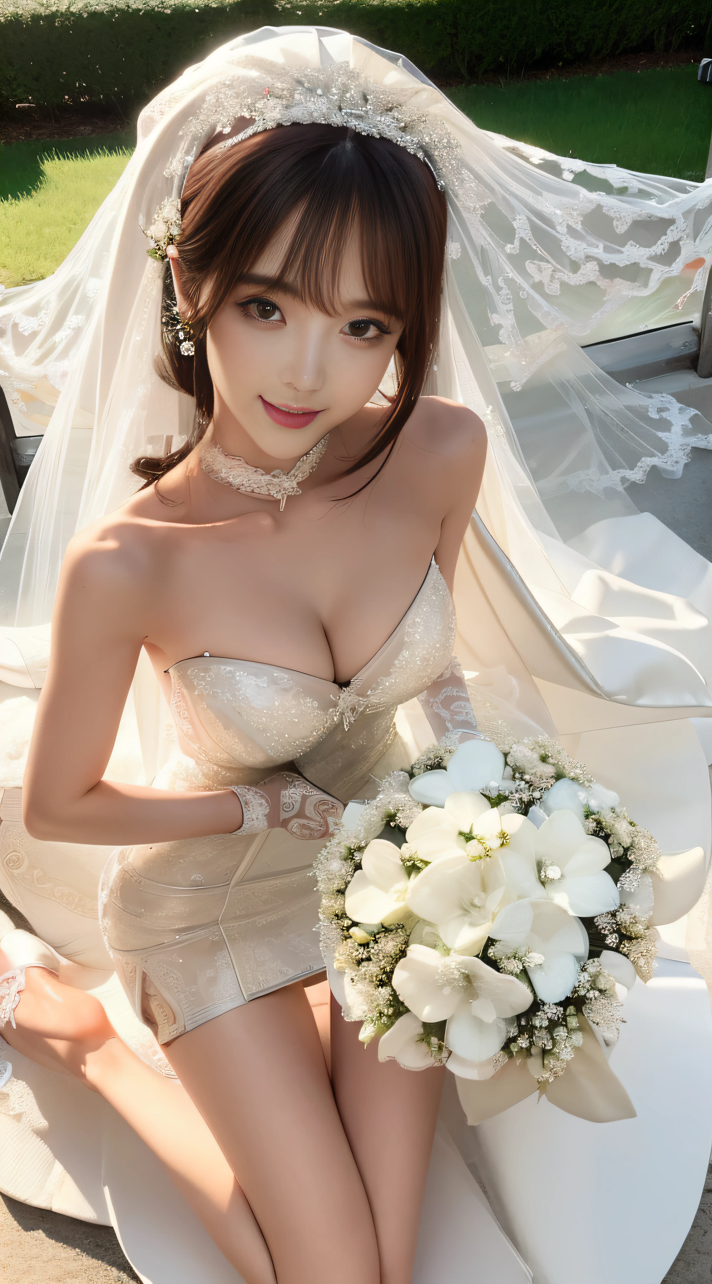 outstanding,HighestQuali,femele,(the bride:1.9487171), faeries, pretty eyes, Thin lips, Keep your mouth shut , ssmile, Be red in the face, long whitr hair, whaite hair, Hair ruffled behind your ears, short skirt, flower ring, feathers hair ornament, nail polish, high-heels, sexy high heels,Or stand pose,Long legs,Beautiful long neck, Neck decoration,Expose the collarbone, Bumpy figure, Angel wings, full bodyesbian, trpical garden, Skysky, Glowing background, ellegance, divino, softlighting, natural soft light, edge lit , SENSE OF CINEMA, depth of fields,Full body photo close-up,llight rays,Normal bright light,sunlights,shadowing。Delicate hands,Give my paintings a delicate beauty!A dance of colors,Grace my paintings!Landscape dreams,Imbue my paintings with the beauty of nature!Soul of abstraction,Elevate my paintings to the pinnacle of art!