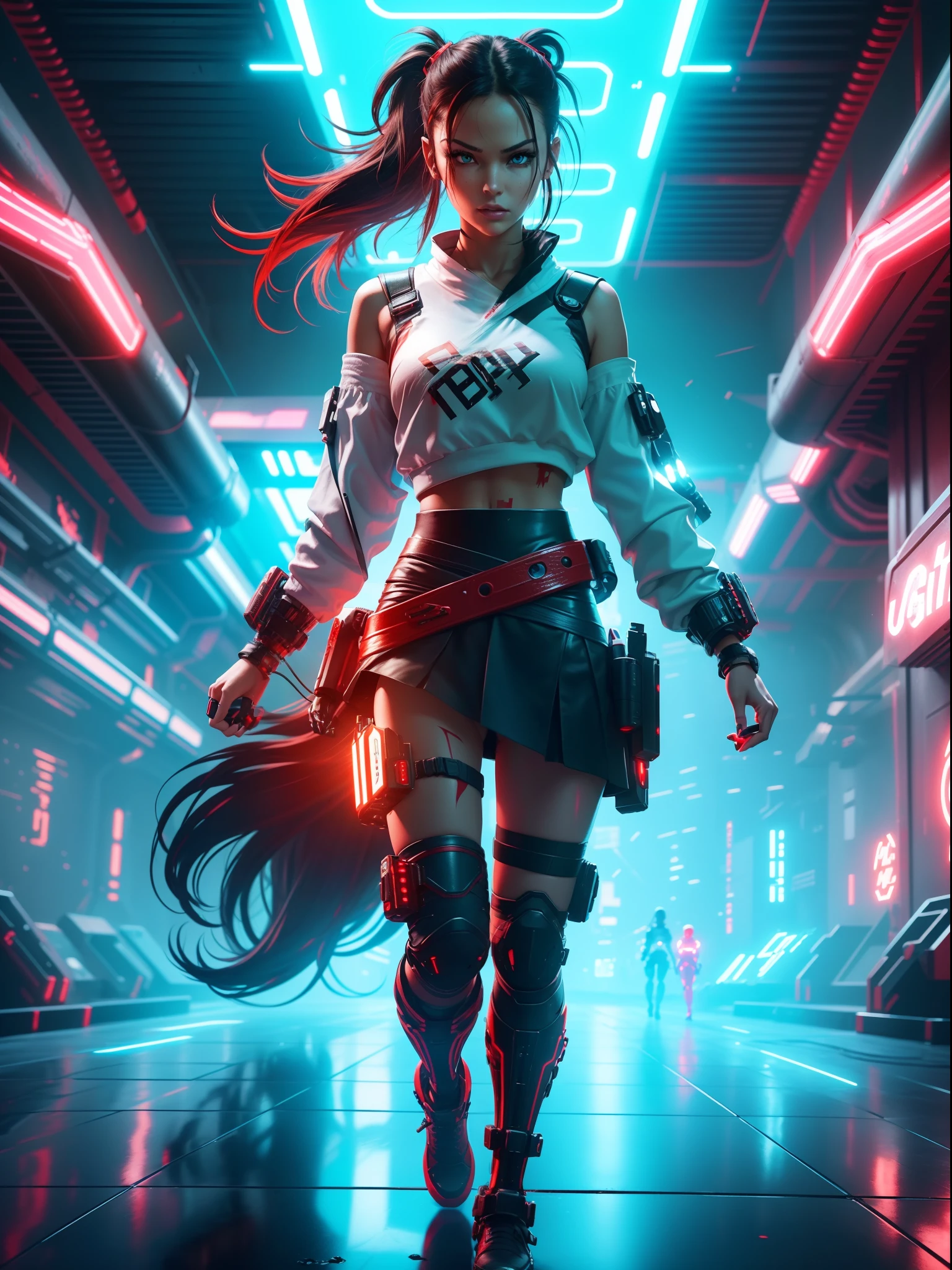 Full body cyber girl with a ponytail. Bright Red color to show she's a cyber girl. clothing like tomb raider but with a skirt. She also has blue eyes. The environment is terminator like. Hair is black. She is lit with the bright red color on one side of her face. Led like. And both hands have the led light too.