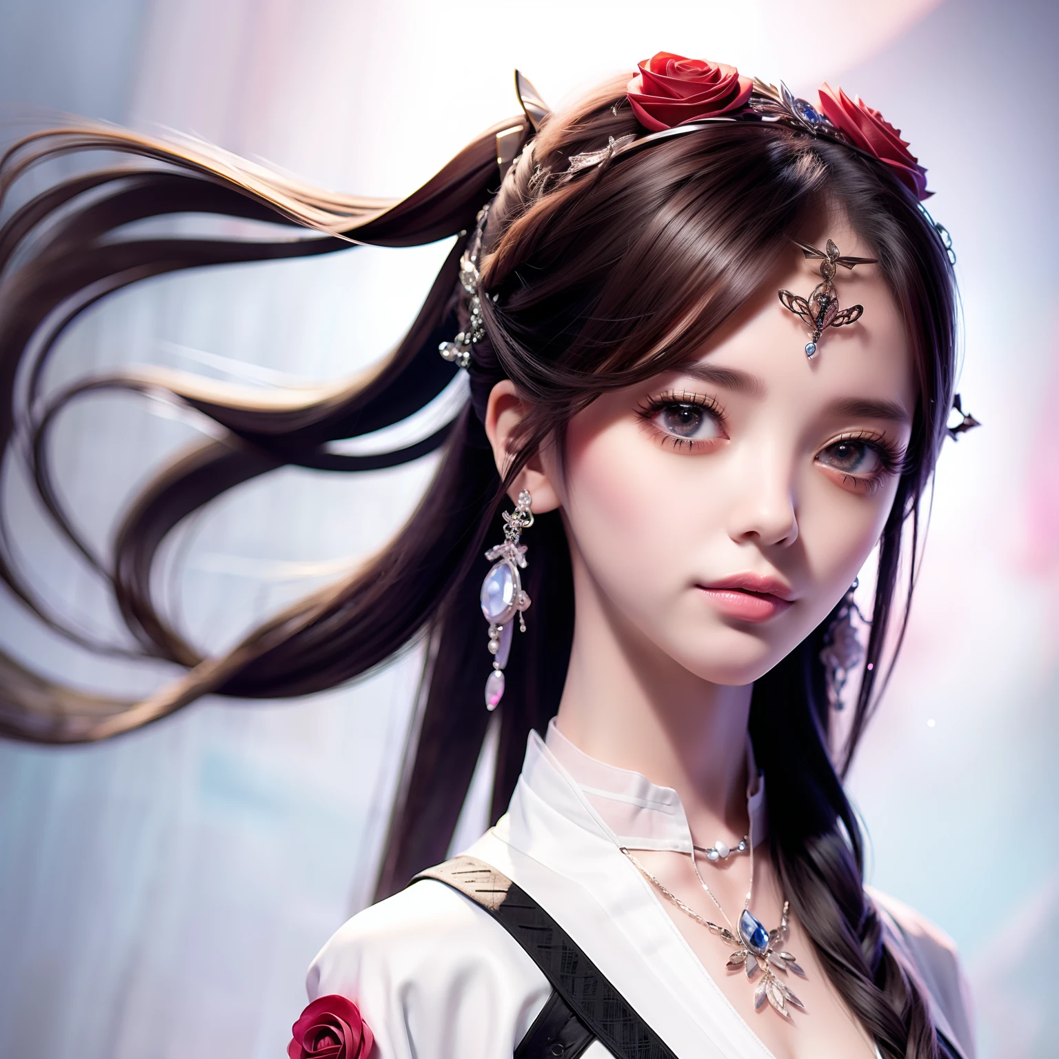 realisticity: 1.2), best quality, masterpiece, highres, cg, 1girl, weapon, sword, long hair, dress, water, solo, jewelry, blue dress, earrings, hair ornament, splashing, upper body super realistis, hair bun, blue and pink hair, city backgraun realistis, lighting,candid, Photograph, high resolution, 4k, 8k, Bokeh,