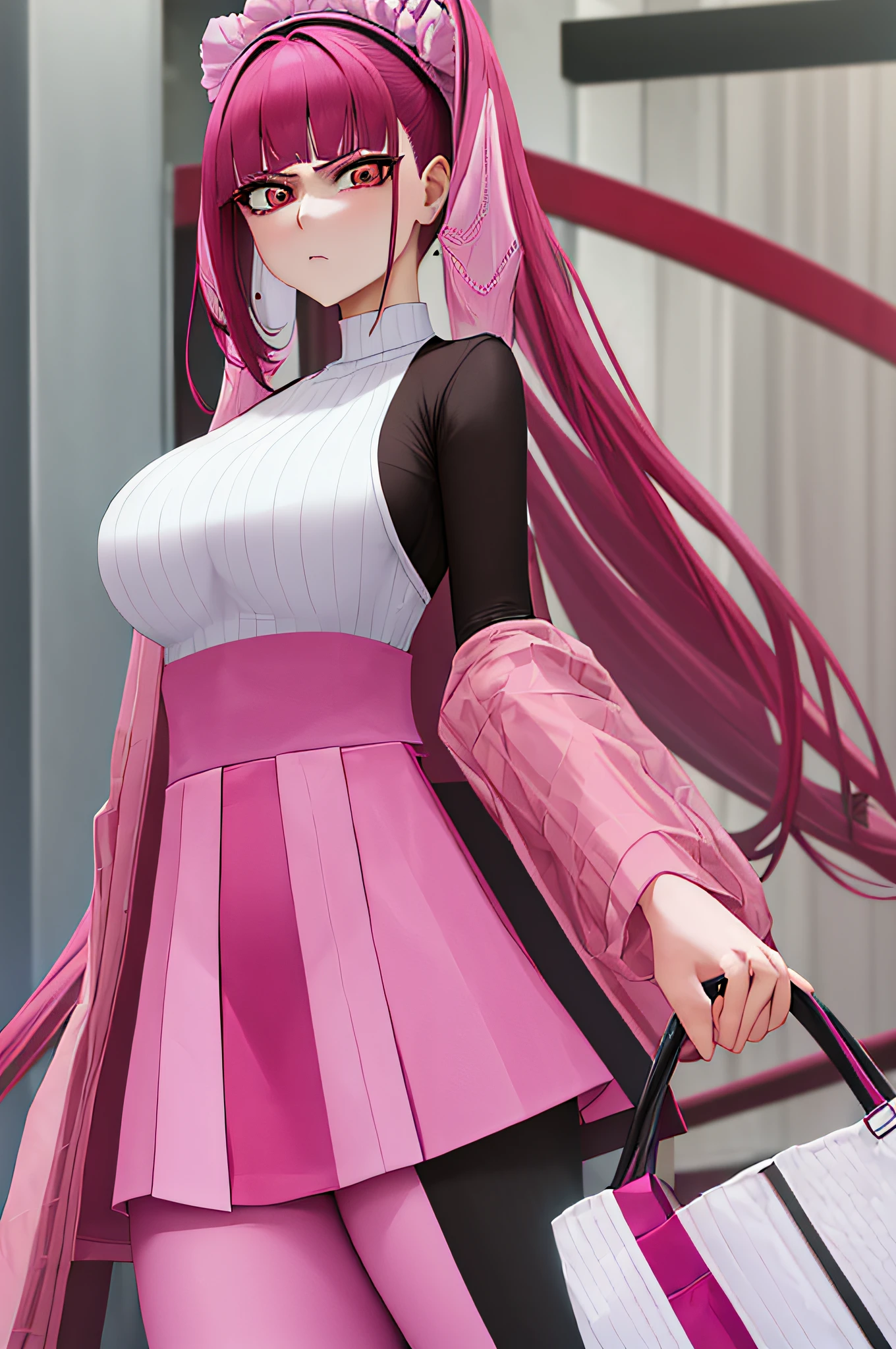 "Portrait of Riruka in her 20s, showcasing outstanding craftsmanship and unparalleled quality. She is seen wearing a form-fitting pink top and stylish grey leggings, with her ample bosom accentuated. Her expression radiates a fit of anger."