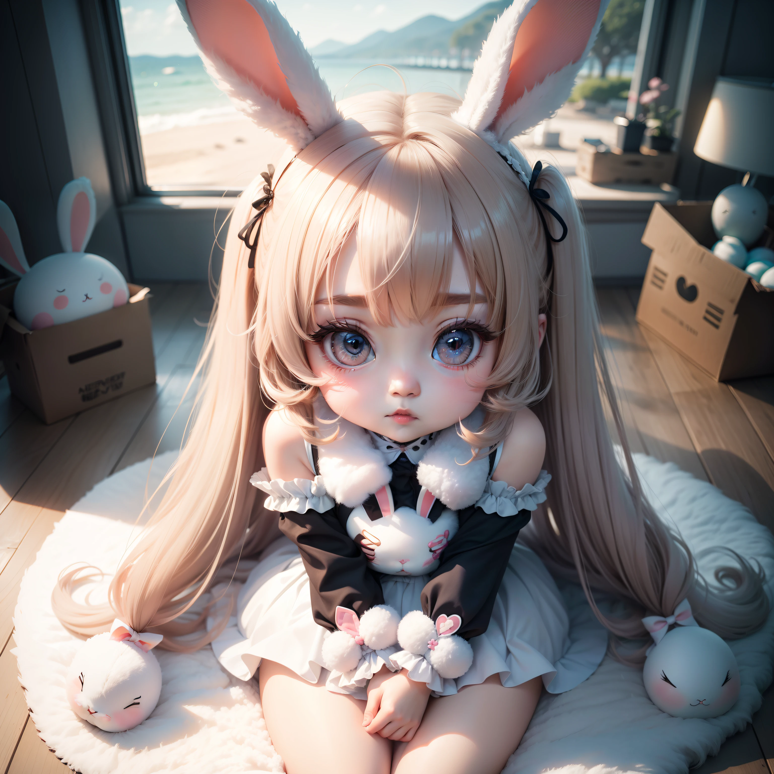 two girls、sisters、white rabbit、fluffy fur、((Shooting from the side))、 high quality, Carrot、High resolution、genuine、3D、small ears、show one's face、Research room、door(open your mouth)、surprise、Surprised、lean back、
