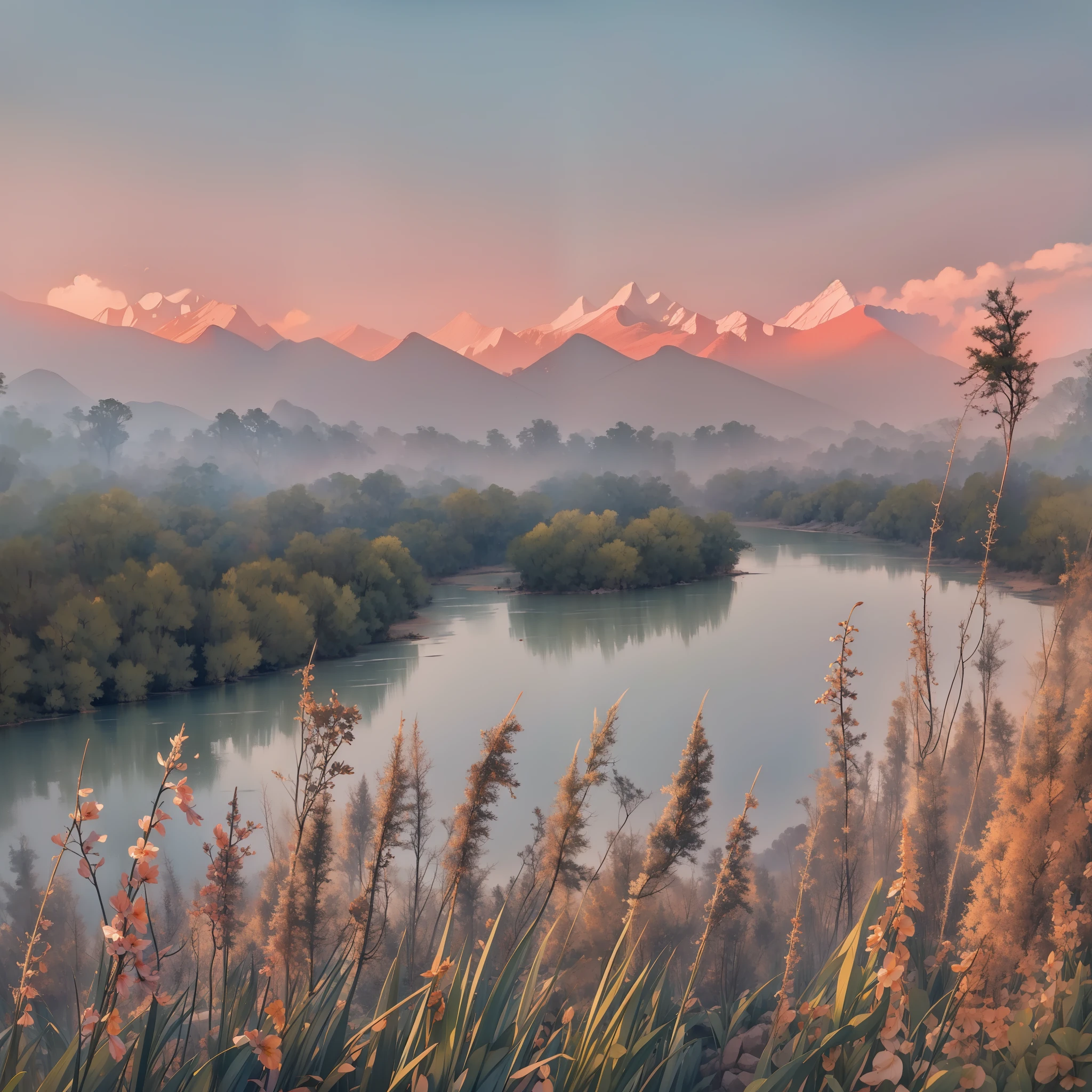 fog atmosphere，River side，phragmites，Far Mountain，the sunset