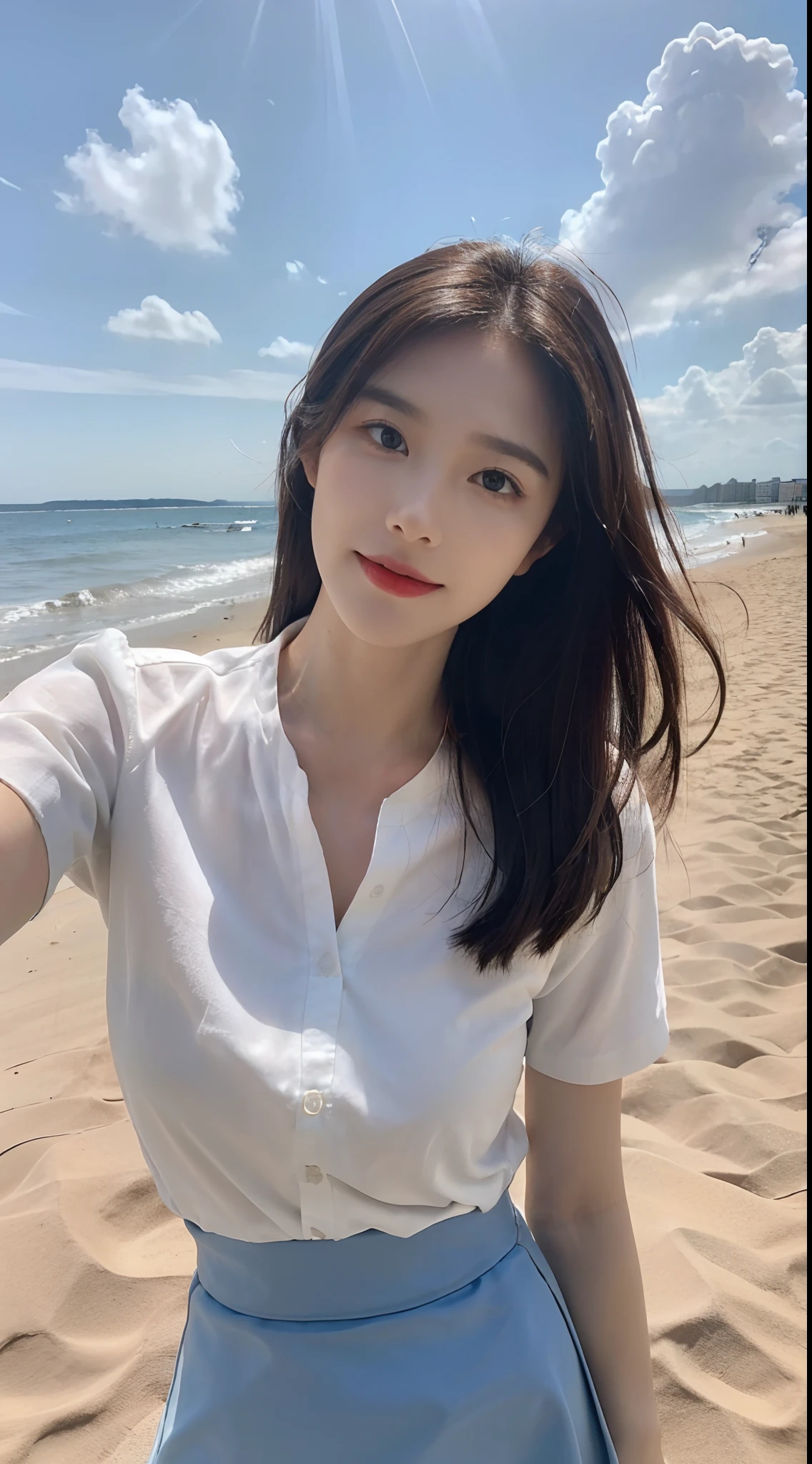 ((Best picture quality, 8K, tmasterpiece: 1.3)), self-shot, Sharp focus: 1.2, A cute beauty with a perfect figure: 1.4, Slim, ((Brown hair black)) , (whitet-shirt,pleatedskirt,Highly detailed face,Happy expression,standing on your feet:1.2),((with blue sky and white clouds,Beach by the sea:1.3. Produced with a major focus on women)),Highly detailed facial and skin texture,Detailed eyes,二重まぶた