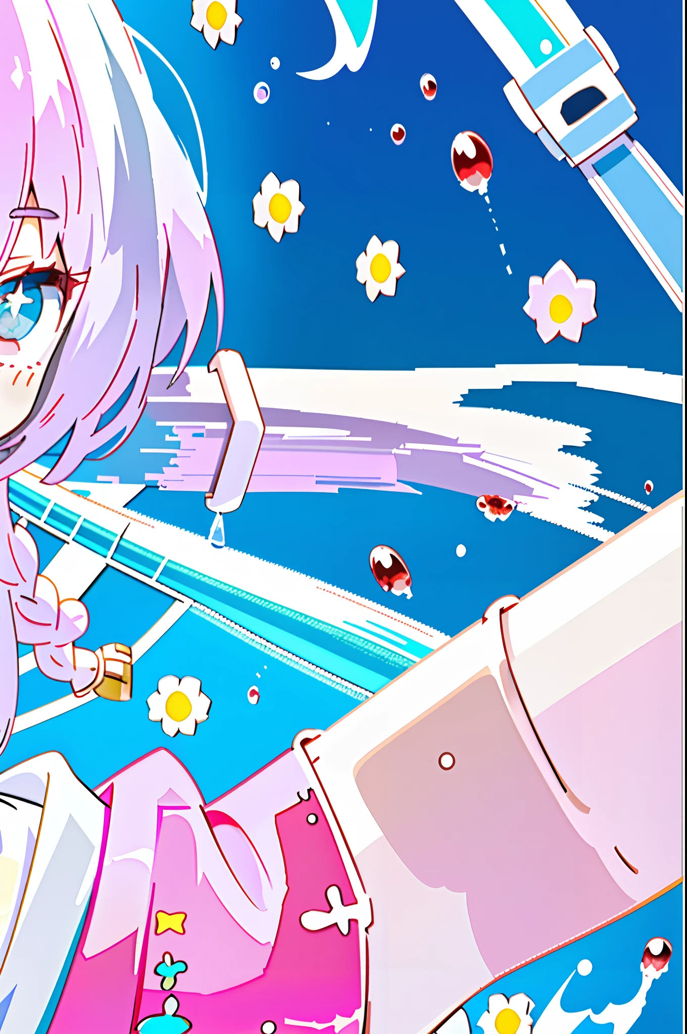 cute female child，A little loli，White skin of the，On the beach，Cute smile，Bright pink swimsuit，blue color eyes，Petite breasts，high light，hd render，4K，Front close-up，Wet body，Sputters white liquid，Fall to the ground，blood spatter，