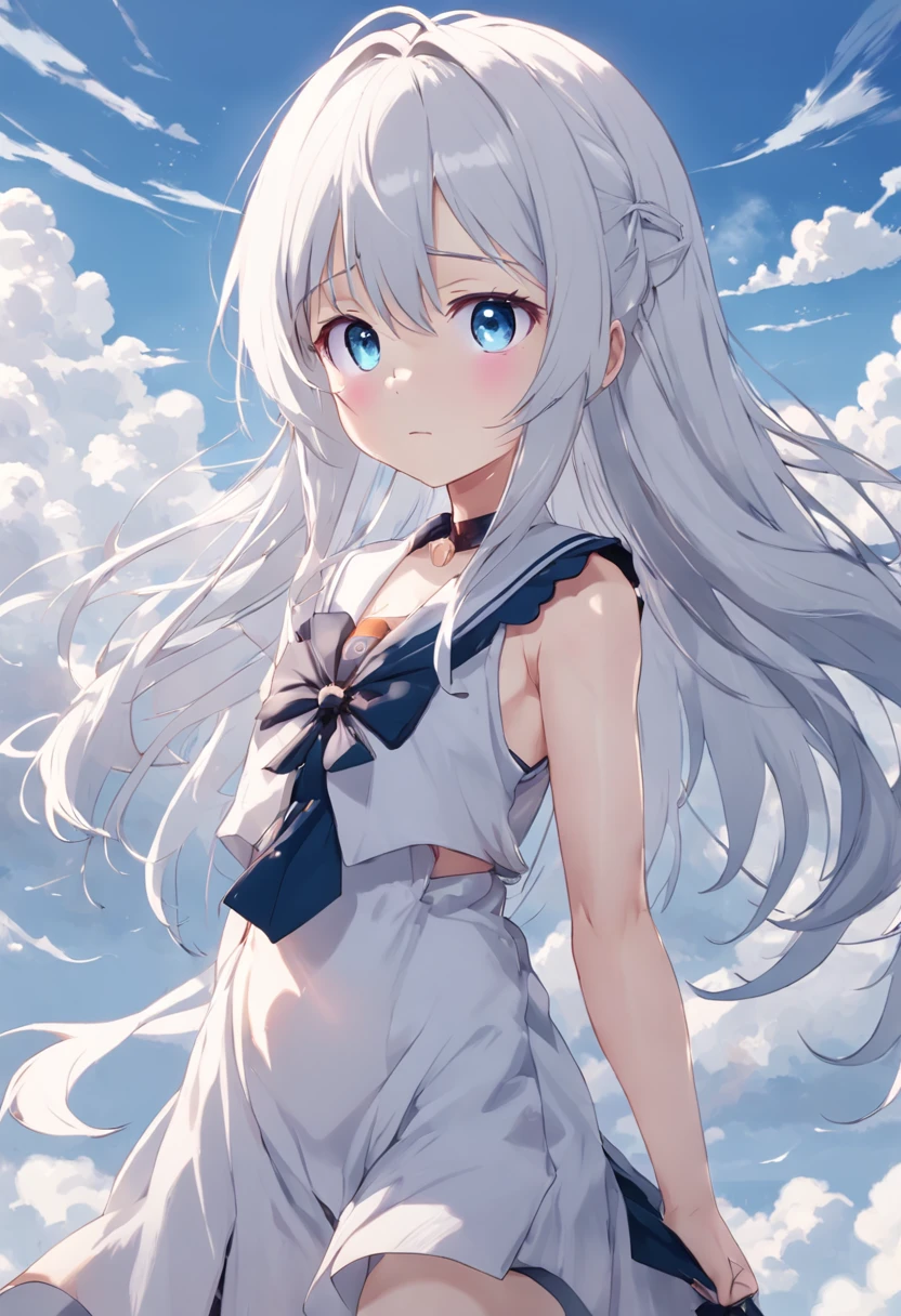 Little girl with long white hair and blue eyes standing in the sky，Anime visuals of cute girls, Girl with white hair, perfect gray hair girl, white haired god, white  hair, Kantai Collection Style, anime clouds, young anime girl, anime moe art style, Anime Best Girl, (Anime Girl), an anime girl, white-haired girl，flowing white hair，Smaller chest，Sleeveless、Onepiece，small tits, (8K, Raw photography, top-quality, ​masterpiece:1.2), (realisitic, Photorealsitic:1.37), ultra-detailliert, 1 rapariga, 独奏, cute little, Beautiful detailed sky,