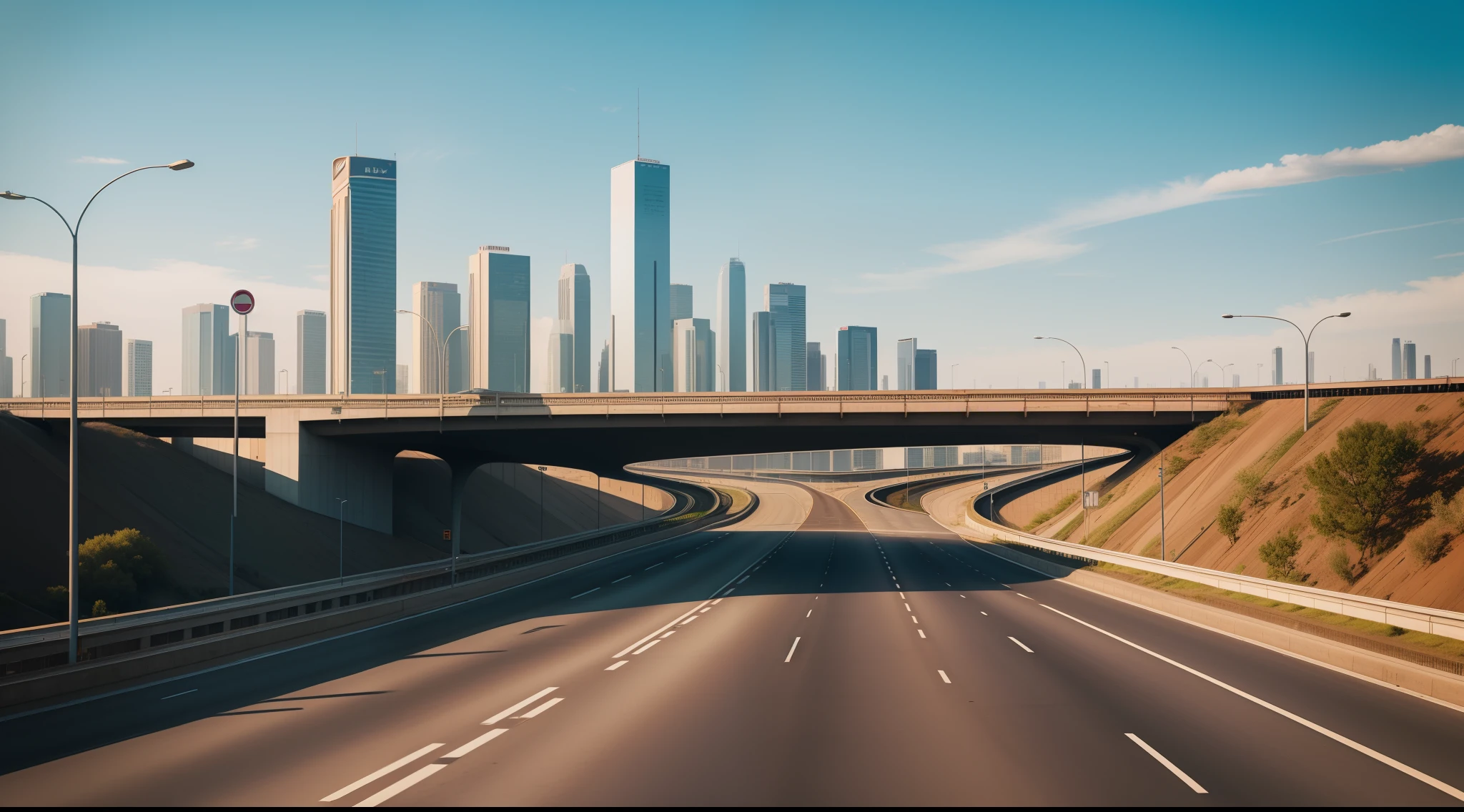 city, highway, photography, vista, real, sunny, Constructivism, wide shot, UHD, high details, best quality --q 2 --ar 16:9 --s 750 --v 5