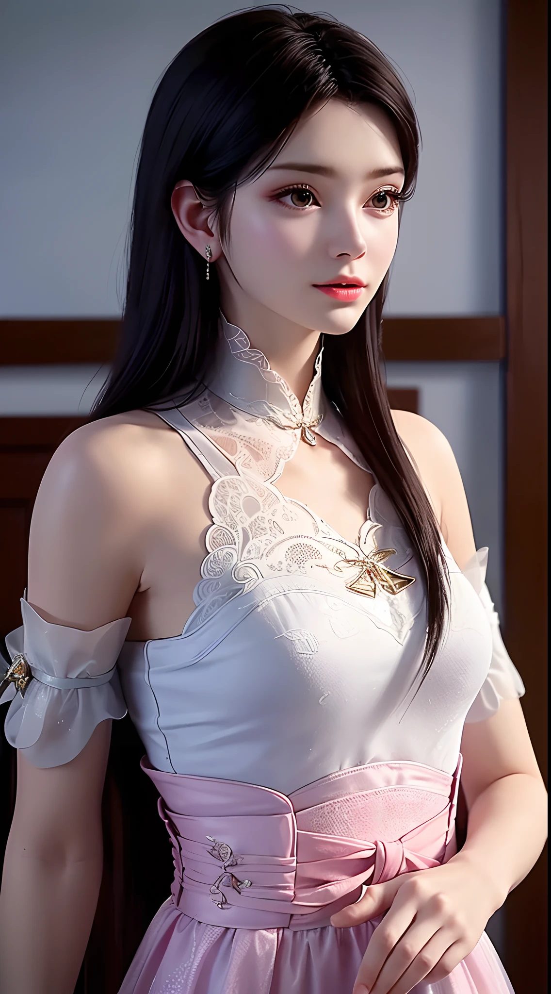 1 beautiful girl wearing ancient costumes, ((pink and light white outfit: 0.8)), Long and silky black hair, hair jewelry and necklaces, Beautiful little face Thin eyebrows, the most beautiful and spotless face, the very beautiful eyes, big round black eyes, fine and detailed makeup eyelashes, High nose, wearing earrings,Small red lips, rosy face, Enlarged and round breasts, tight breasts, breast augmentation, Slim and petite body, slim waist, portrait of a beautiful girl, 8k photo, super high quality, super realistic, 10x super pixels, photo realistic, dark studio, border light, two tone light, (detailed skin) high: 1.2), 8k uhd, dslr, soft light, high quality, volumetric light, candid, Photo, high resolution, 4k quality, 8k, Bokeh, Smooth and sharp, pixel up 10 times, (background space: 1.8), (galaxy: 1.7), aurora, lightning, (Aurora Background: 1.8), upper body, alone, solo,