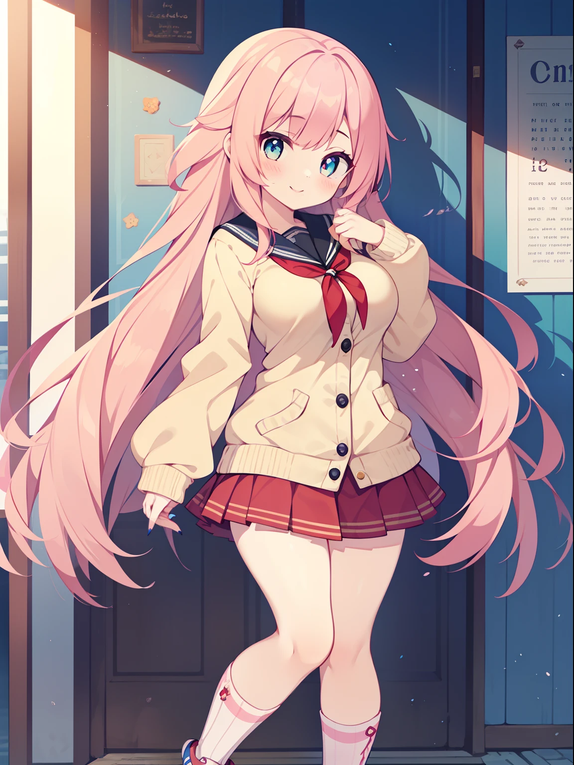 (1girl in:1.2), (Solo:1.2), masutepiece, nffsw、Shaders、Brilliant Textured Work、(NSFW:0.8)、Pink hair、fluffy hair、Very long hair、School Uniforms、cardigan、a miniskirt、Pink striped knee-high socks、Pink sneakers、Standing Picture、Moe Sleeve、Bukavka clothes、round big eyes、ruby eyes、radiant eyes、long eyeslashes、Large breasts、Beautiful nails、Sexy lips、Loose smile、