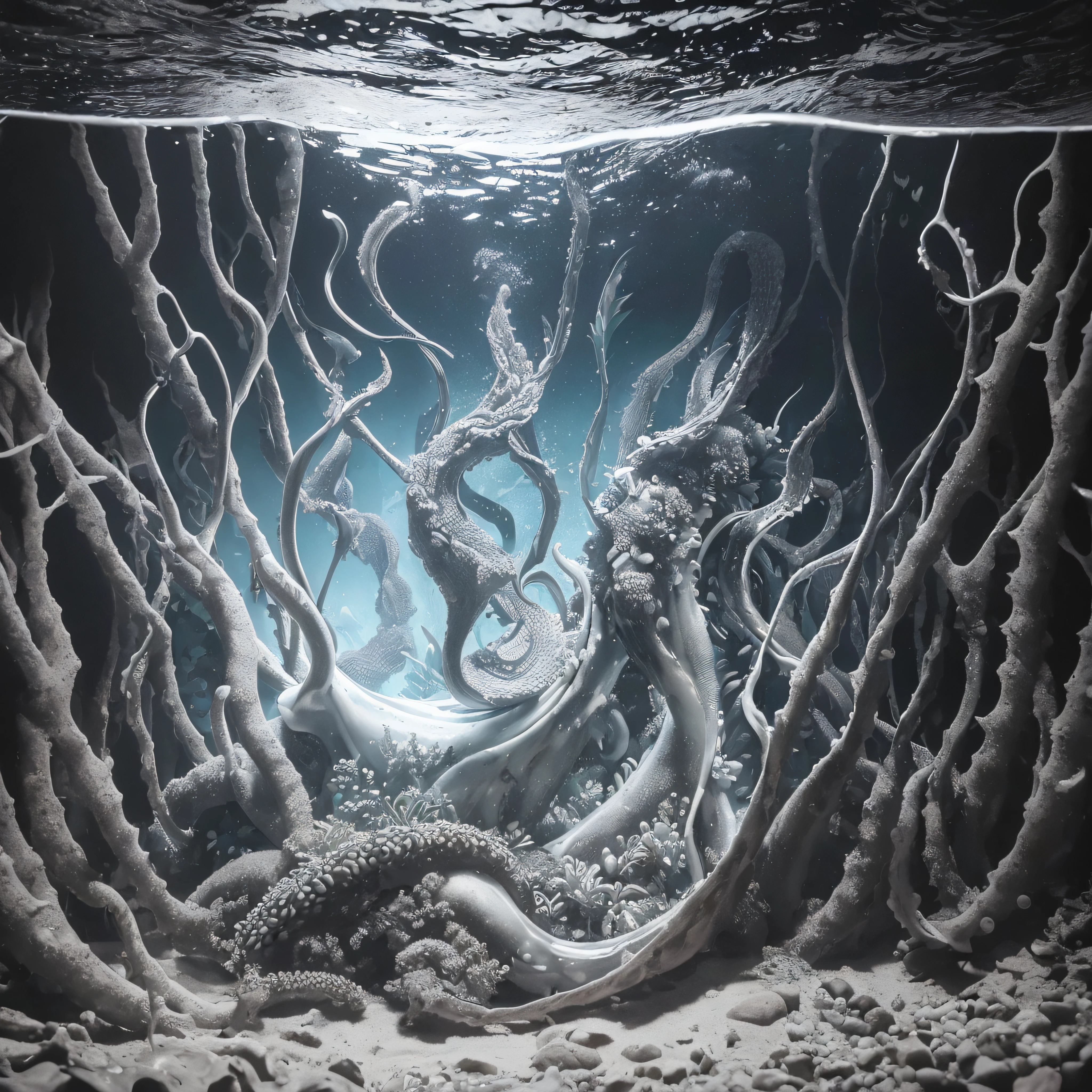 (extremadamente detallado, obra maestra, La mejor calidad, under the ocean), Estilo oscuro, volumetric illumination. cangrejo, tentacle, Deformado, imagen submarina vista desde el exterior, pulpo amenazante. manchas de tinta. Rococo composition. Luz de caravaggio