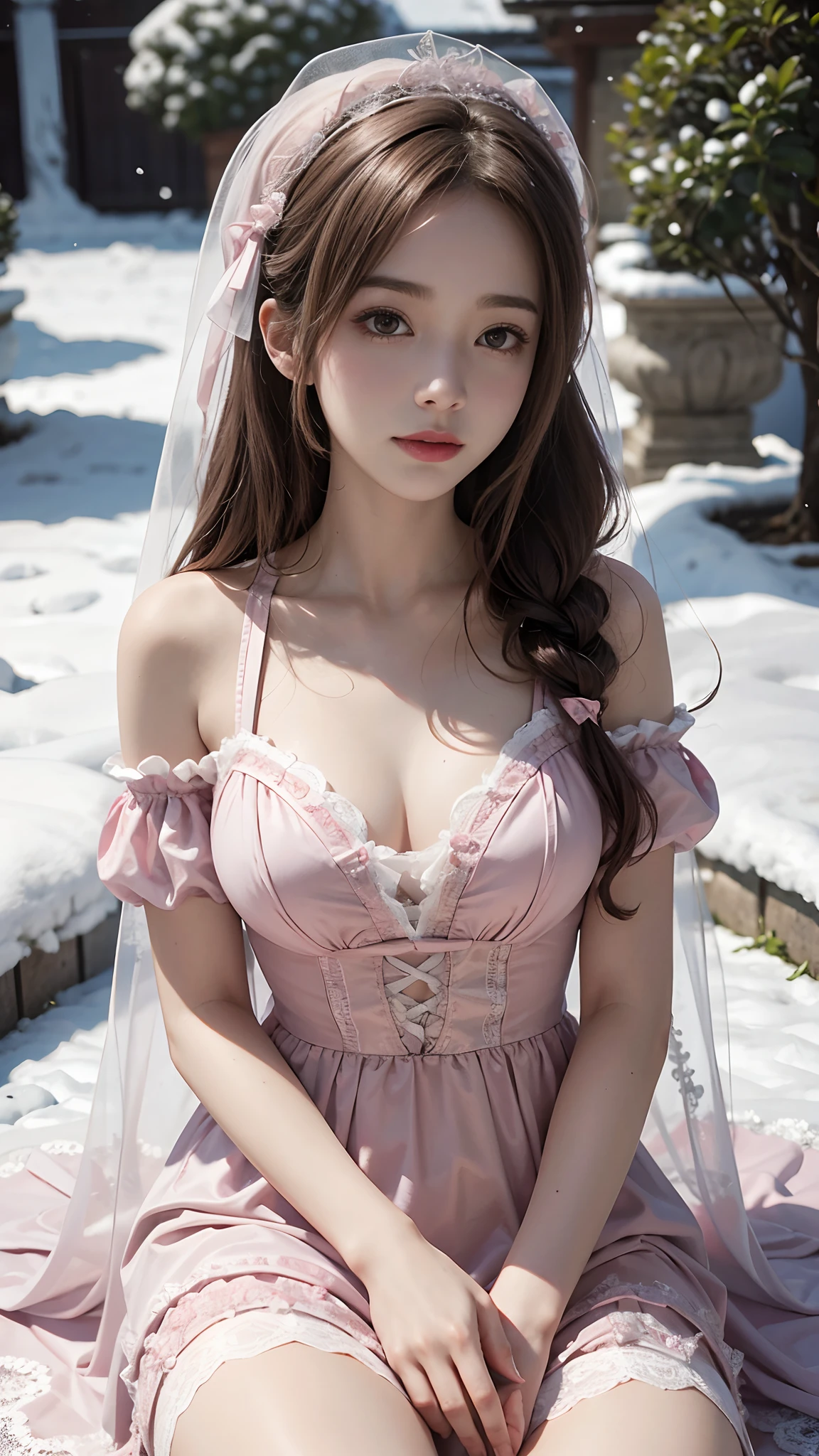 8K, best qualtiy, masterpiece, photograph realistic, Hide your face with happiness, medium breasts, pink Lolita costume, pink Lace, Aerith Gainsborough, whole body, undergarments, exposed bare shoulders, do lado de fora, outside, Covered with snow, cloaks, high high quality, Adobe Lightroom, highdetailskin, looking at viewer,