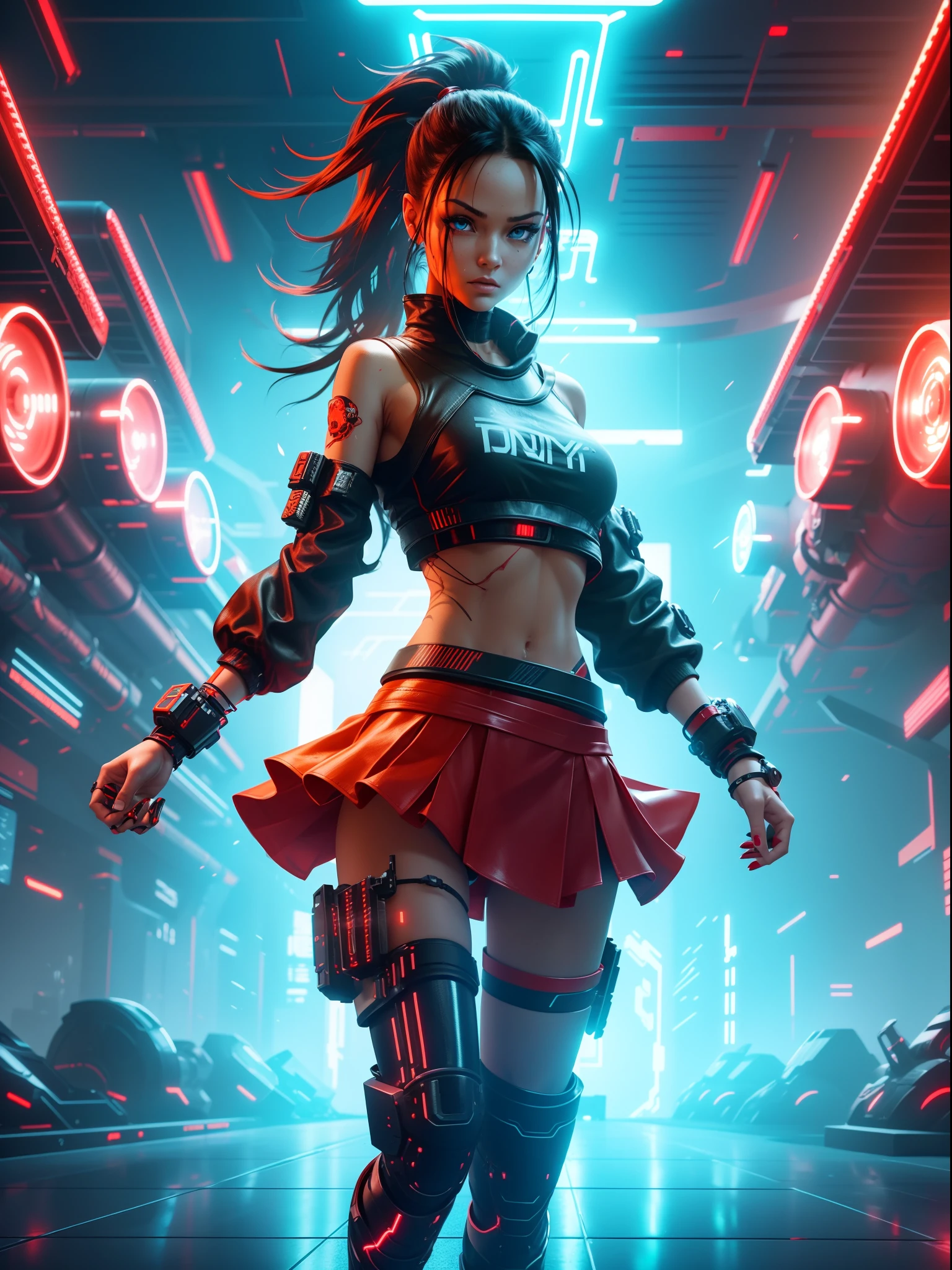 Full body cyber girl with a ponytail. Bright Red color to show she's a cyber girl. clothing like tomb raider but with a skirt. She also has blue eyes. The environment is terminator like. Hair is black. She is lit with the bright red color on one side of her face. Led like.  And both hands have the led light too.