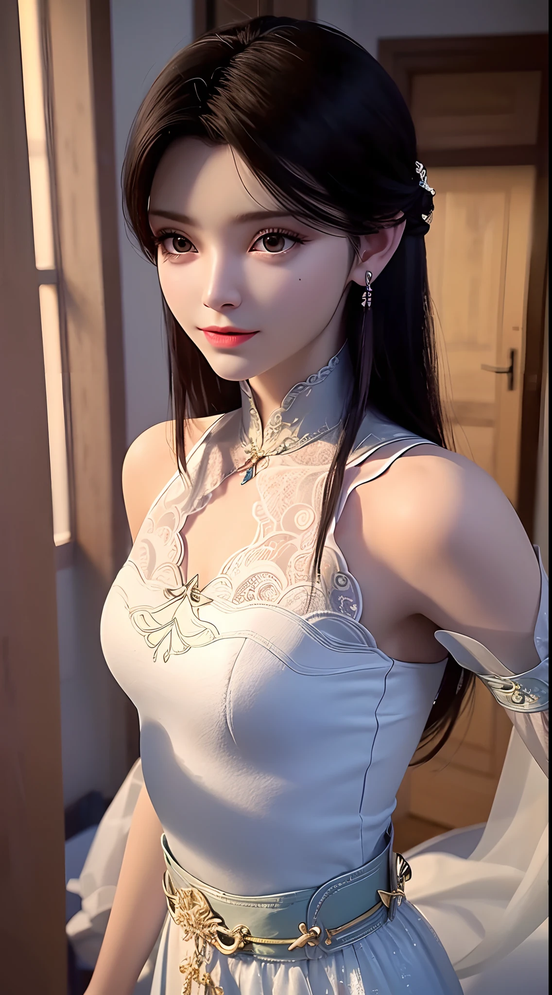 1 beautiful girl wearing ancient costumes, ((red and light white outfit: 0.8)), Long and silky black hair, hair jewelry and necklaces, Beautiful little face Thin eyebrows, the most beautiful and spotless face, the very beautiful eyes, big round black eyes, fine and detailed makeup eyelashes, High nose, wearing earrings,Small red lips, rosy face, Enlarged and round breasts, tight breasts, breast augmentation, Slim and petite body, slim waist, portrait of a beautiful girl, 8k photo, super high quality, super realistic, 10x super pixels, photo realistic, dark studio, border light, two tone light, (detailed skin) high: 1.2), 8k uhd, dslr, soft light, high quality, volumetric light, candid, Photo, high resolution, 4k quality, 8k, Bokeh, Smooth and sharp, pixel up 10 times, (background space: 1.8), (galaxy: 1.7), aurora, lightning, (Aurora Background: 1.8), upper body, alone, solo,