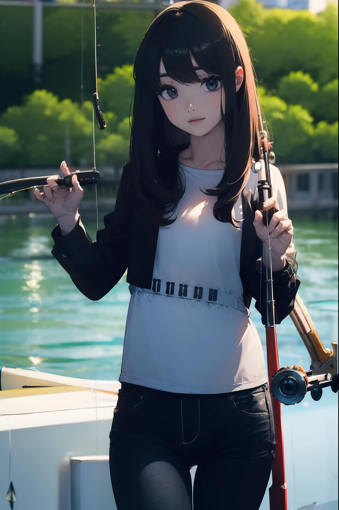 ((((having a fishing rod with a reel by the lakeside:1.5)))),((Female 28 years old)),((Best Quality:1.5)),(((Hands with the correct number and structure of fingers:1.4))),((Big fish:1.37)),hight resolution,ultra-detailliert,masterpiece,best qualtiy,(Eight-headed body),Black hair, long eyes-lashes, Solid Circle Eyes, drop shadow, Atmospheric perspective,Super Detail, ccurate, small brest,(Black jacket and black jeans :1.1),top-quality, blurry backround, bokeh dof:1.2, (masterpiece:1.3), Atmospheric perspective,Super Detail,dynamic compositions,