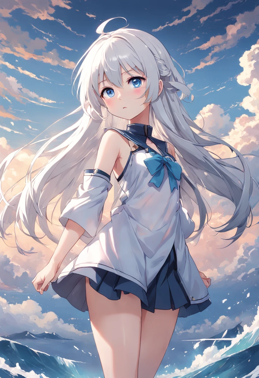 ((2D beautiful girl：1.5、top-quality：1.5、Perfect fingers:1.1、perfect anatomia:1.1、Dress perfectly、Beautiful illustration))、cute petit girl、(transform sequence)、((cute decorative headbands、Cute white and blue cheerleader style leotard))、10yaers old、Solio、hime、Fractal Art、baby-face、((stright long hair))、Beautiful big drooping eyes、A smile、Slender and beautiful legs、（full-shot）、((1 persons))、A quiet schoolyard with a blue sky in the background、A dark-haired、Standing facing the front、leotard、No skirt：1.1、