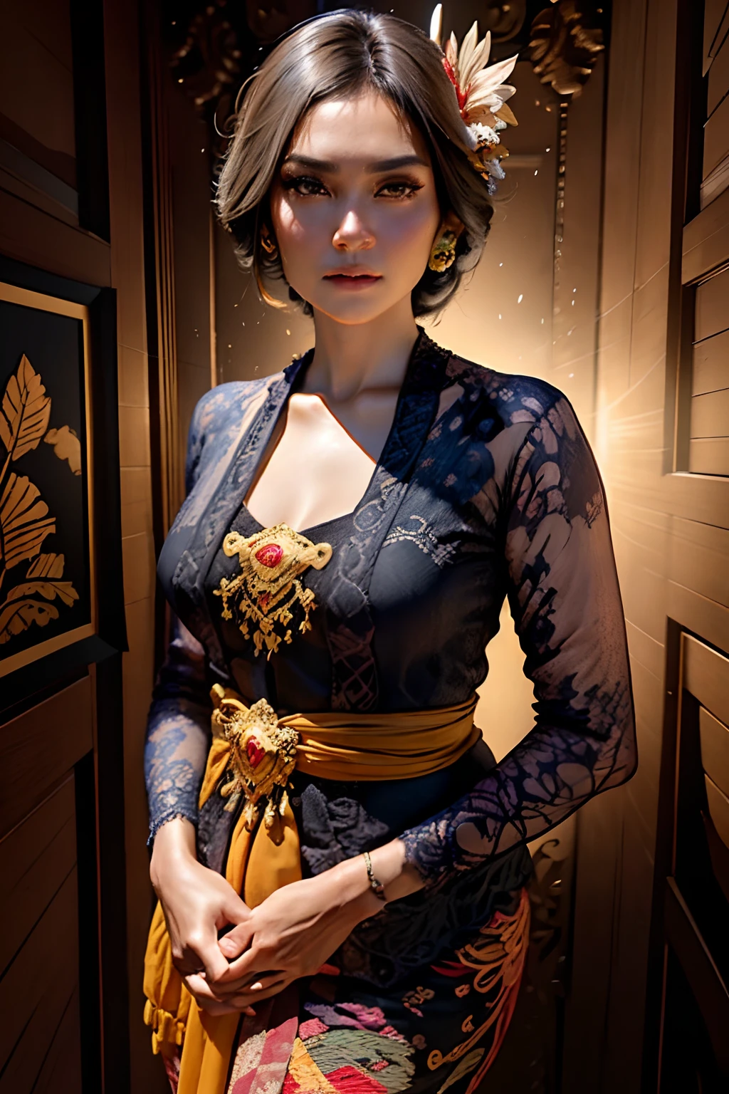 Hyperrealist portrait of female wearing balinese kebaya, short black hair, by david hockney and alphonse mucha, fantasy art, photo realistic, dynamic lighting, artstation, poster, volumetric lighting, very detailed faces, 4 k, award winning,, 1girl, in the dark, deep shadow, low key