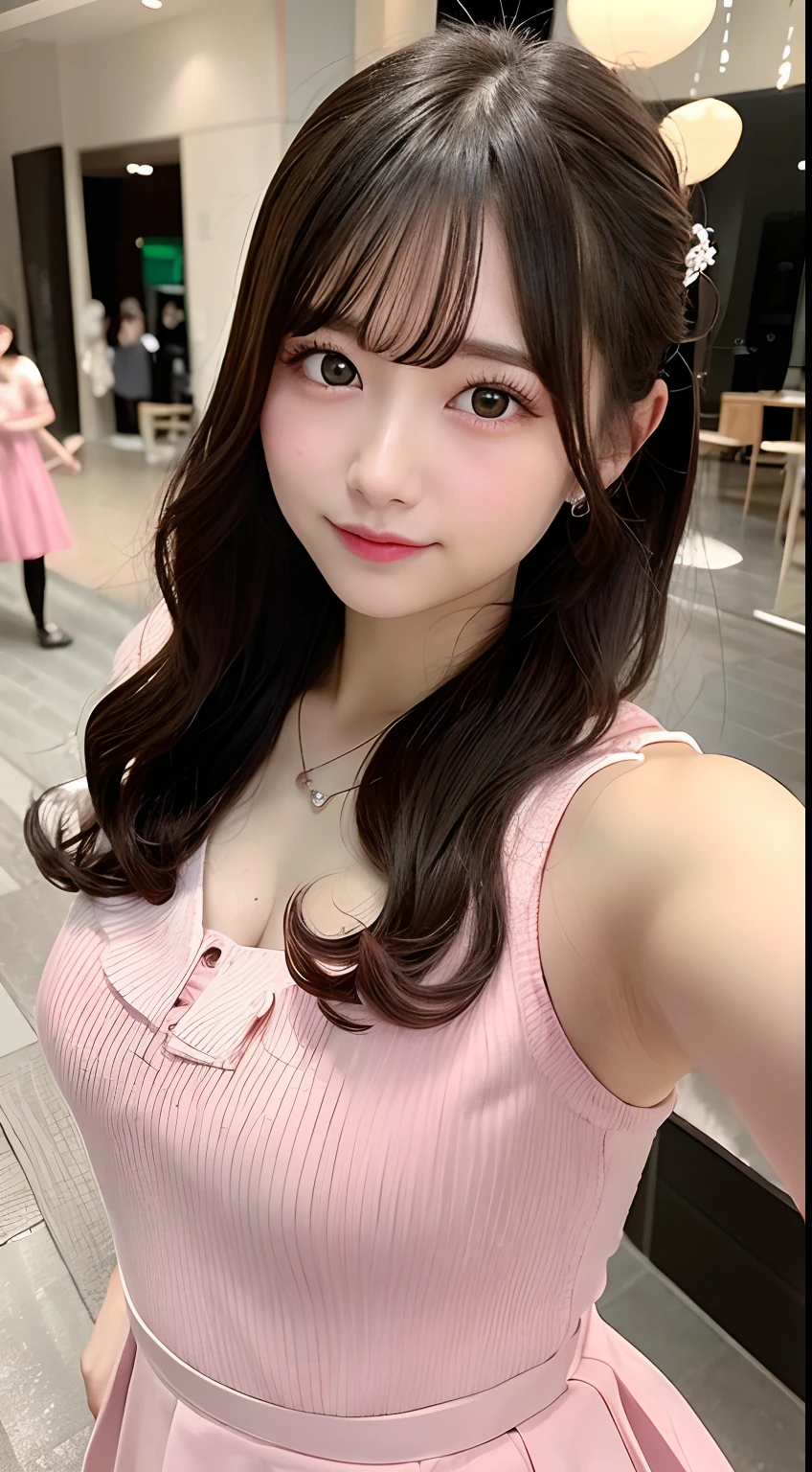 8K raw photos、hight resolution、abdominals、ribbed、A dark-haired、Beautiful at 22 years old Japan、with round face、Very small lips、Round Big、Valley、beautiful eyes finely detailed、long eyeslashes、Beautiful double eyelids、Sanpaku eyes、Duck mouth、Blunt bangs、Okappa、hair & Makeup Hair Roll、耳Nipple Ring、a necklace、random facial expression、(Backgraund:wedding hall)、 Looking at Viewer、wedding hall、(vestments:Pink dress)、Pink dress、sexy dress、Pink lace material、 (Best Quality:1.4), Super Detail, High quality, masutepiece、full body, From head to toe