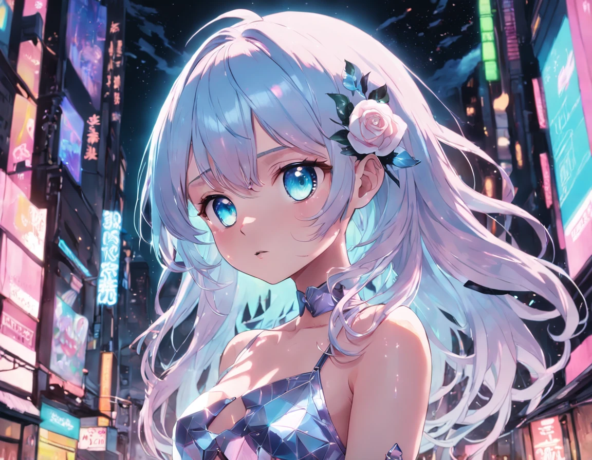 Realistic, Anime style, 1girll, holographic hair, Heterochromic eyes, Glowing eyes, Holographic crop top, Hologram skirt, parted lip, Blush, Night, White roses, pastels, glitters