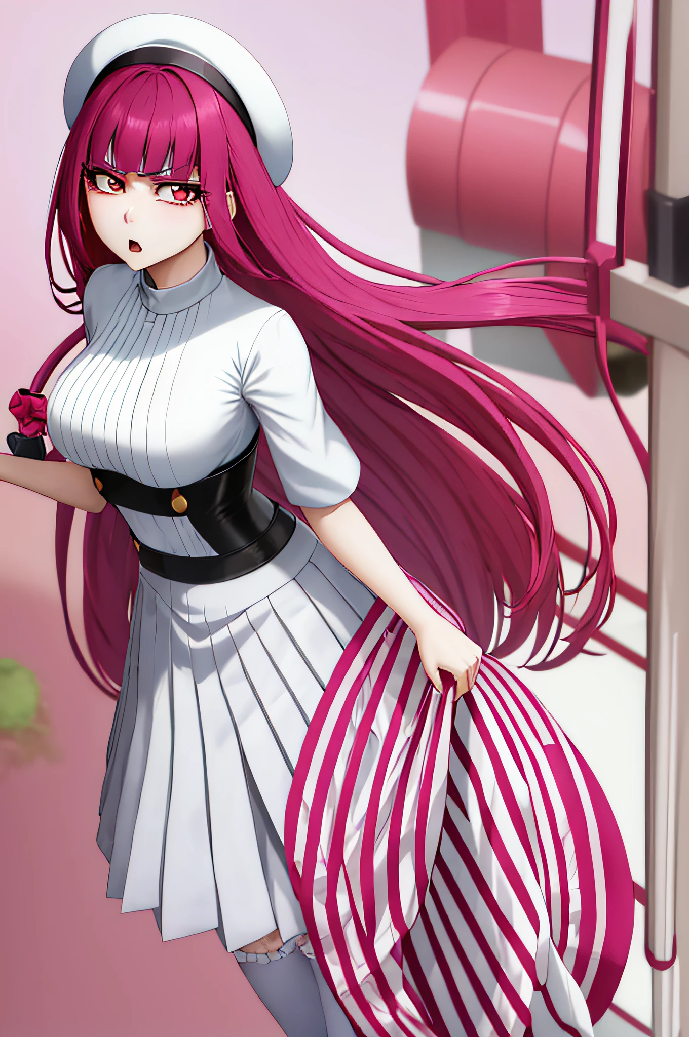 "Riruka in her 20s, showcasing outstanding craftsmanship and unparalleled quality. She is seen wearing a form-fitting white top and stylish pink skirt with black stockings, with her modest bosom accentuated. Her expression radiates a fit of anger."