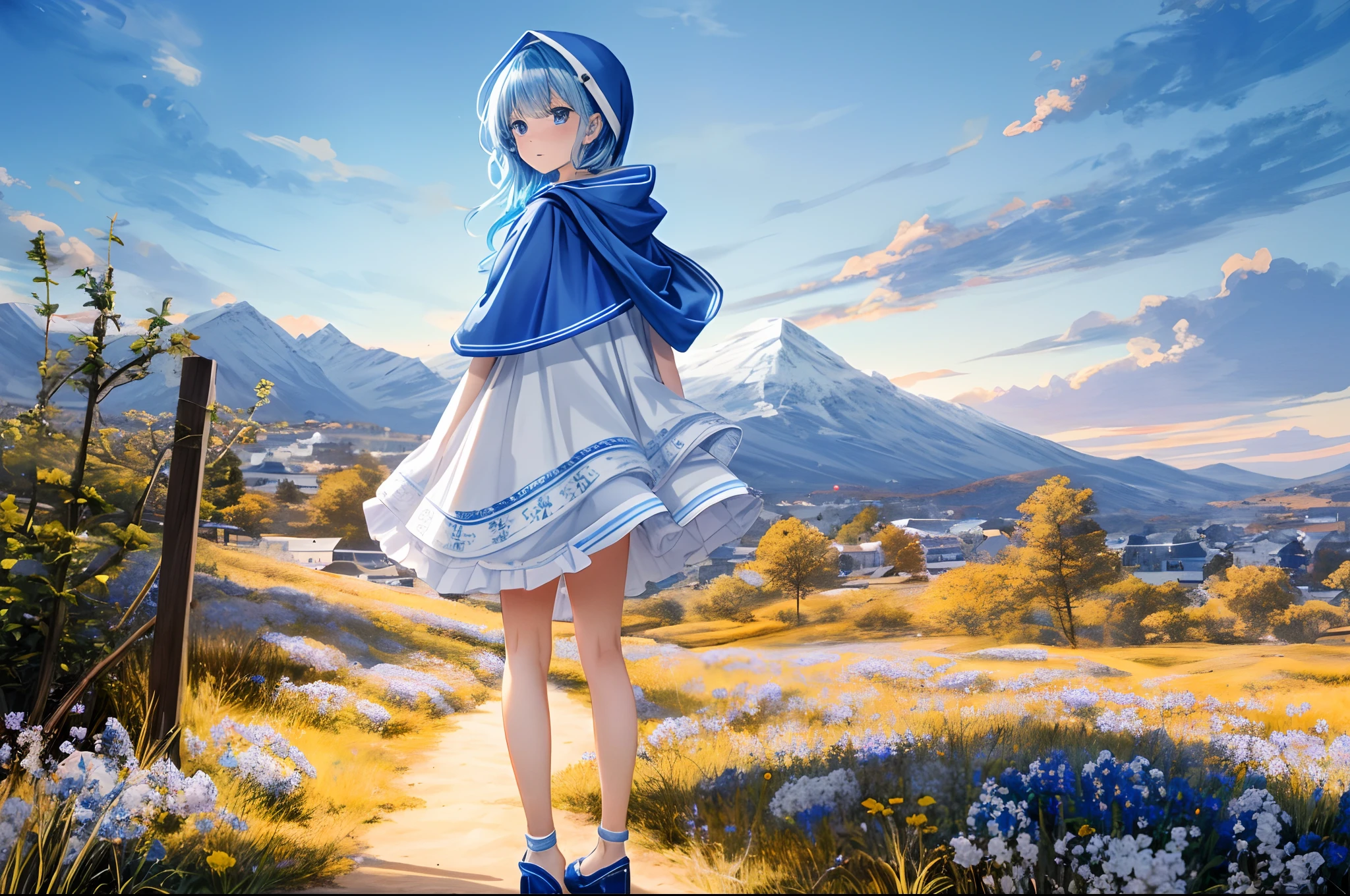 absurderes, hight resolution, (Official art, Beautiful and aesthetic:1.2), best qualtiy、(1womanl:1.8)、(独奏:1.7)、ultra-detailliert,,(Blue and white hood:1.5),(deep blue eyes:1.3),White skin,Straight hair,Short hair,kindly smile,Little Girl,White skin,Light blue hair,crouching down