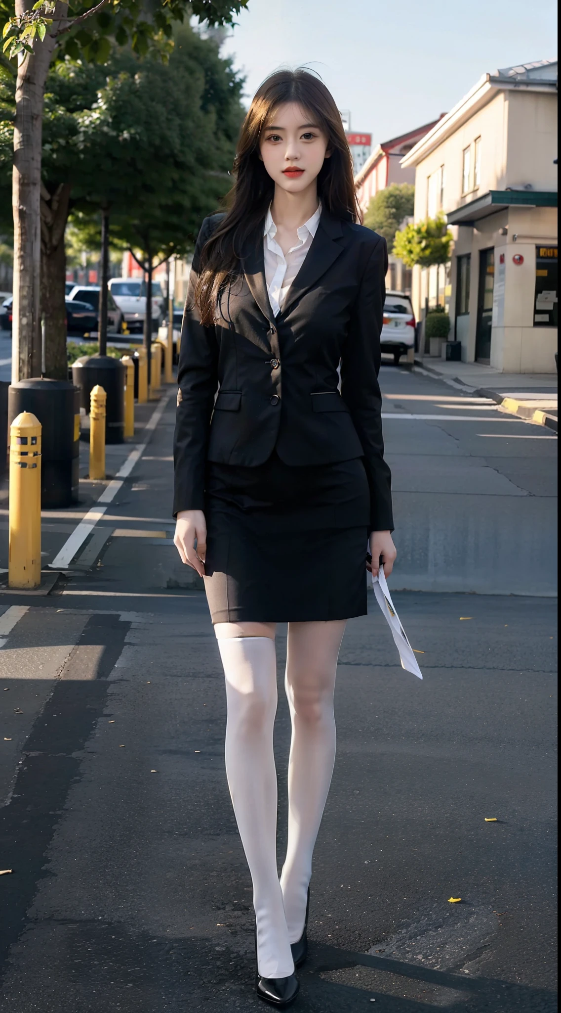 best qualtiy, Full body like,Refined face,pretty face,20yo woman,slimfigure,Bigchest,Yellow office ladies uniform,Office wear,white stockings,Outdoor scene,yellow long hair