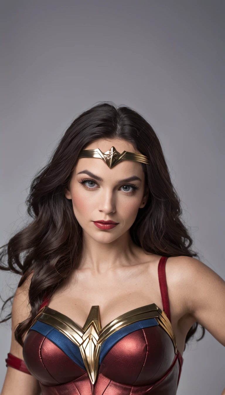 Wonder Woman is an iconic superheroine known for her strength courage and compassion. She has huge breasts, gigantic breasts. Her face exudes determination and a sense of justice. Her piercing eyes reflect her unwavering resolve and compassion for others. Her dark hair cascades in luscious waves framing her face with elegance. She wears her iconic red blue and gold costume. Around her waist, she wears a golden belt with a prominent "W" symbol. Her accessories include golden gauntlets on her arms, serving as both defensive armor and powerful weapons. She wears red and white boots providing her with stability and enhancing her speed and agility. Carries the Lasso of Truth, a golden rope that compels anyone caught in its grasp to tell the truth.