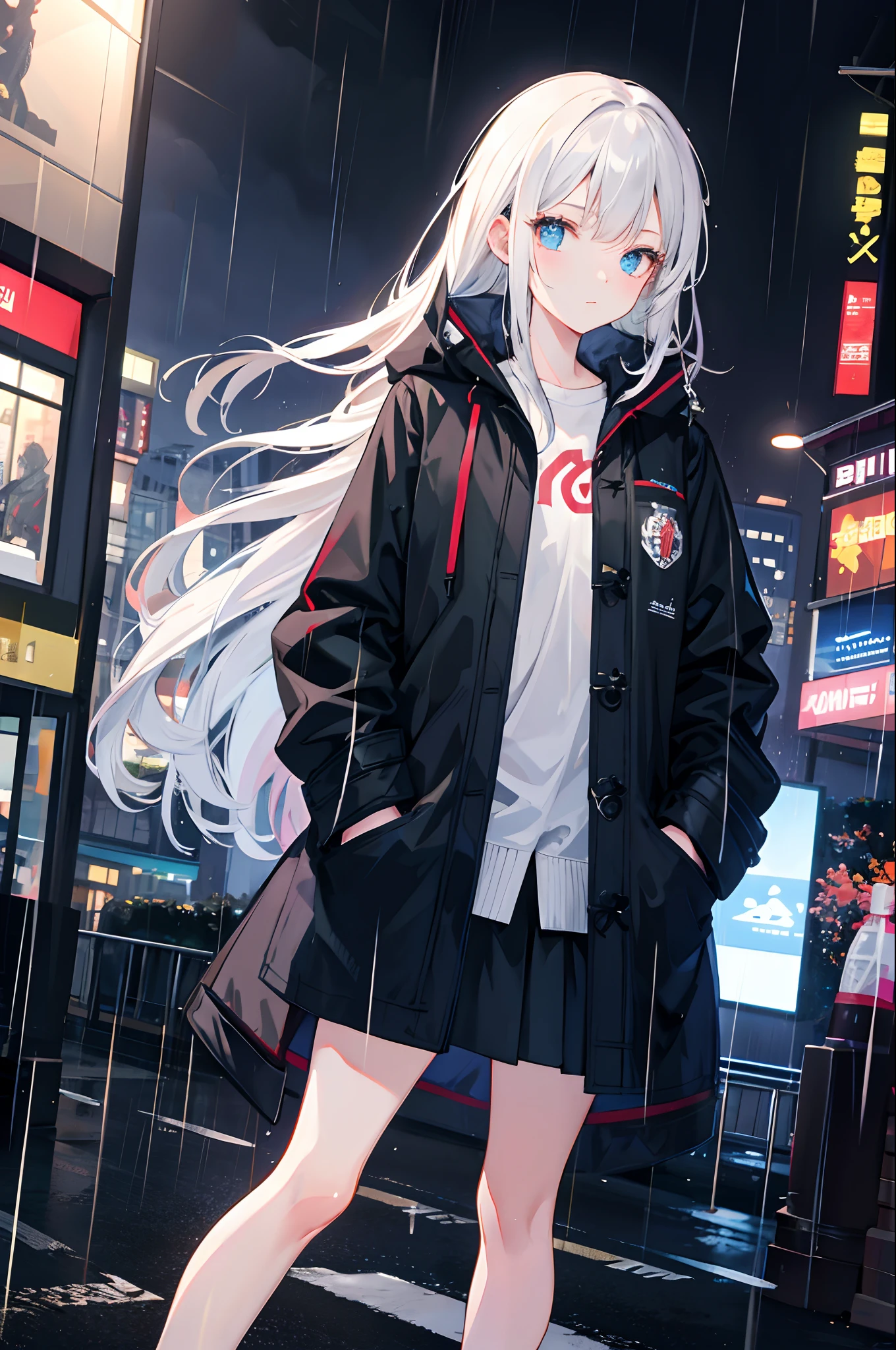 1girl, Night City, rain, coat, hands in pockets