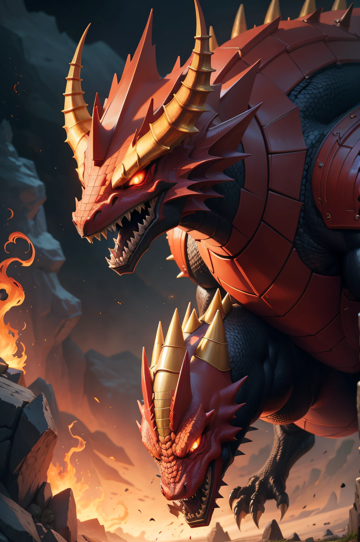 a close up of a cartoon dragon with spikes and claws, guggimon, cacodemon, slifer the sky dragon, charizard dog hybrid animal, draconic looking armor, bowser, fire golem creature, z'gok. 8 k hd resolution, roshan, balrog, mega legendary, draconic, a baddass dragon