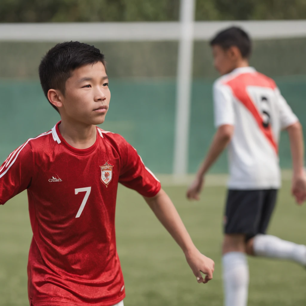 a height of 1.75m -yeld Chse teenager,Wearing the number 7 shirt of the Portuguese national football team，（Use snapshots to capture moments when teenagers play soccer），schoolboyt and compact，The background is a team member in the distance，（Old Trafford Football Stadium：1.5），（Sports full-body photos：1.5），Sports full-body photos，Football league,Cinematic texture，Positive main light，Fill light，professional 3d render, full body 8k unity render, action  shot,  Detailed,  Highly detailed:1.4, wlop ilya kuvshinov, and greg rutkowski and alphonse mucha gracias, Global illumination, Studio light, volumettic light,