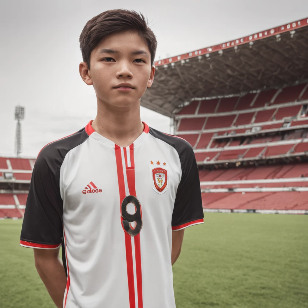 a height of 1.75m 12-year-old Chinese ager,Wearing the number 7 shirt of the Portuguese national football team,(Use snapshots to capture moments when teens play soccer),schoolboy,Robust and compact,The background is a team member in the distance,(Old Trafford Football Stadium:1.5),(Sports full-body photos:1.5),Sports full-body photos,Football league,Cinematic texture,Positive main light,Fill light,professional 3d render, full body 8k unity render, action shot, Detailed, Highly detailed:1.4, wlop ilya kuvshinov, and greg rutkowski and alphonse mucha gracias, Global illumination, Studio light, volumettic light,