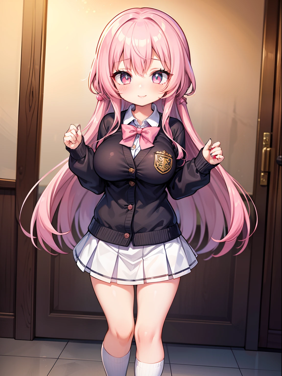 (1girl in:1.2), (Solo:1.2), masutepiece, nffsw、Shaders、Brilliant Textured Work、(NSFW:0.8)、Pink hair、fluffy hair、Very long hair、School Uniforms、cardigan、a miniskirt、Pink striped knee-high socks、Pink sneakers、Standing Picture、Moe Sleeve、Bukavka clothes、round big eyes、ruby eyes、radiant eyes、long eyeslashes、Large breasts、Beautiful nails、Sexy lips、Loose smile、