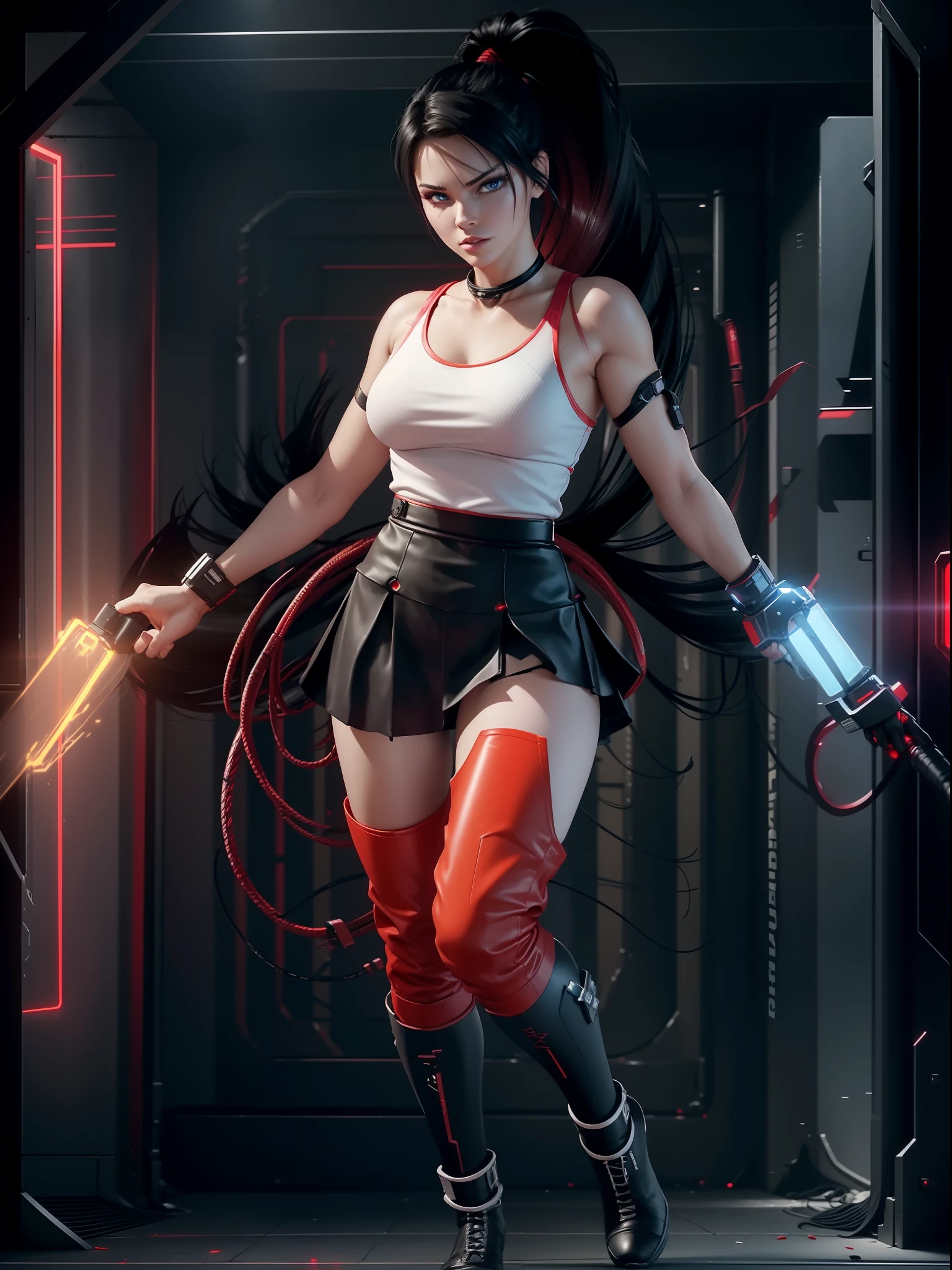 Full body cyber girl with a ponytail. Bright Red color to show she's a cyber girl. clothing like tomb raider but with a skirt. She also has blue eyes. The environment is terminator like. Hair is black. She is lit with the bright red color on one side of her face. Led like.  And both hands have the led light too.