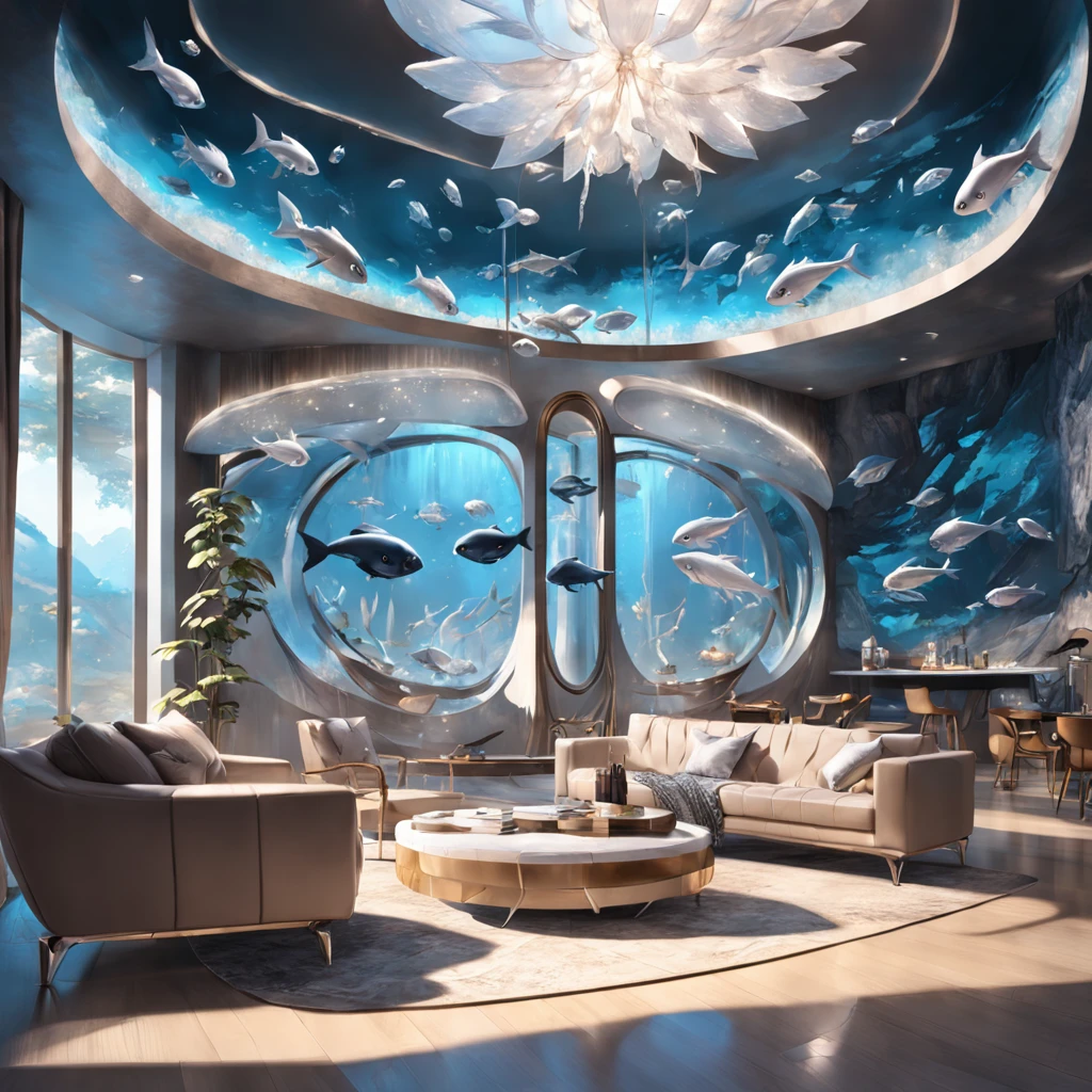 organic interior in contemporary design with simple natural material, furnished with organic-shaped furniture in acrylic, there is a group of flying silver balloon fish around the set, illuminated by natural lighting and rendered in a hyperrealistic style