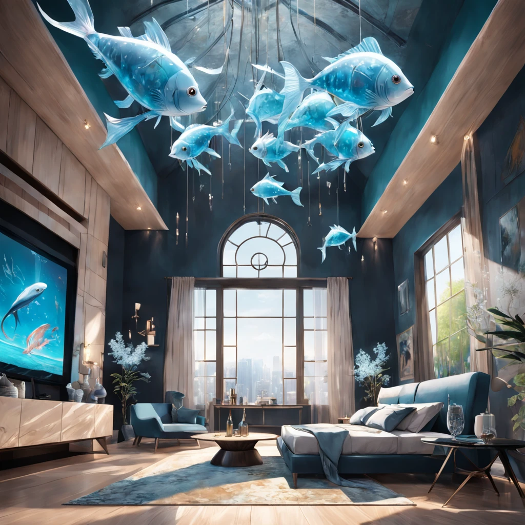 organic interior in contemporary design with simple natural material, furnished with organic-shaped furniture in acrylic, there is a group of flying silver balloon fish around the set, illuminated by natural lighting and rendered in a hyperrealistic style