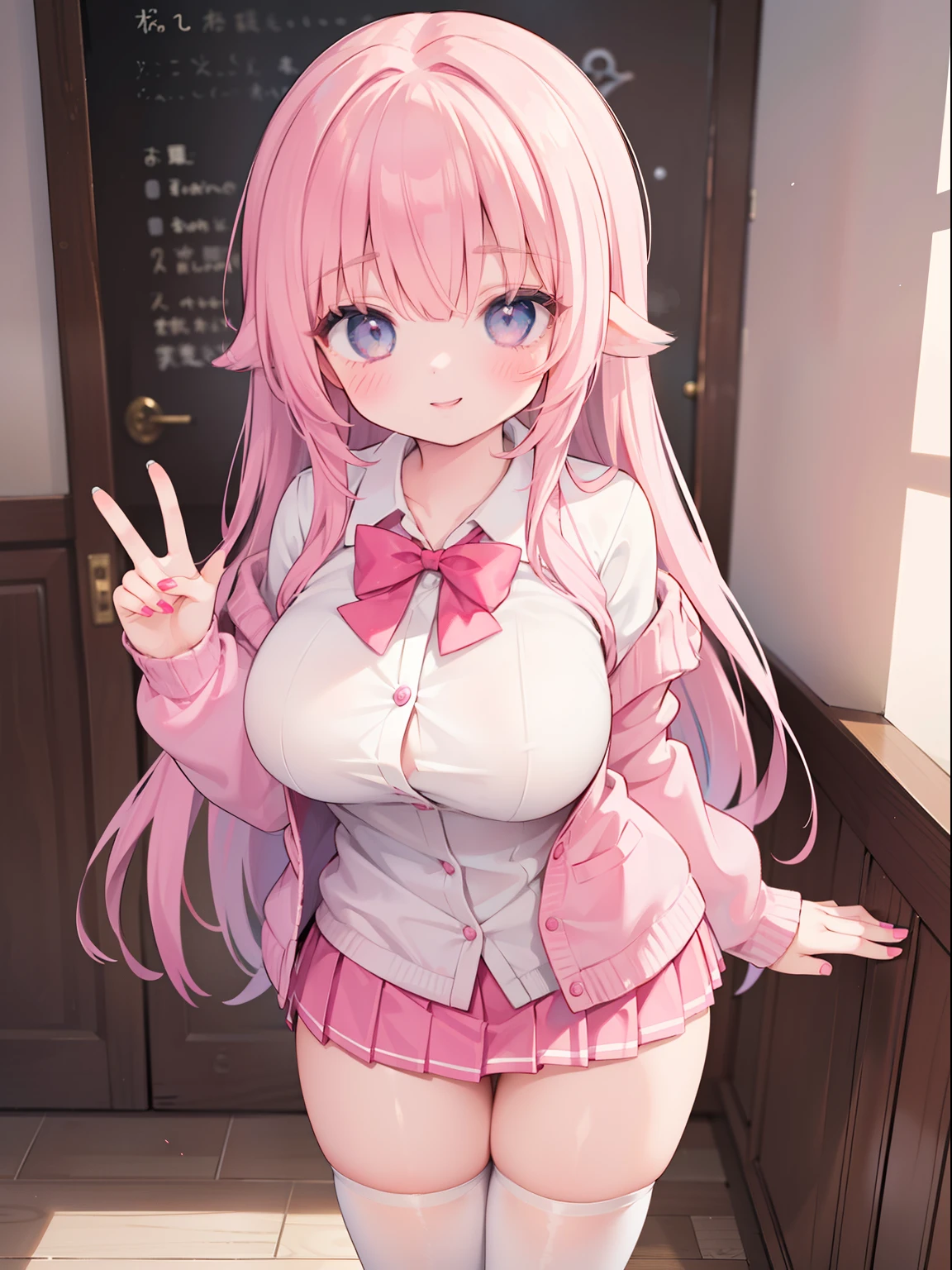 High resolution, Very detailed, perfect lighting, beautiful detailed eyes, ((masterpiece,Best Quality)), absurdities, alone, princess zelda, by the width, crown braid, Hair clip, pointy ears, Gloves without fingers, black gloves, smile, curves, nod, , deep neckline, deep neckline, black school uniform with white details,short skirt, visible underwear, pink thong, black uniform, black shirt with pink bow, touching her breasts in a sexy way, close up, pink hair, visible breasts, Close up, visible nipples, sitting