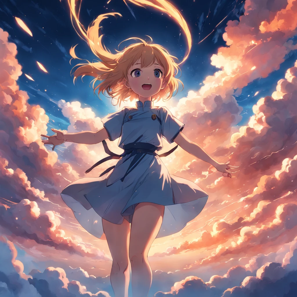 masterpiece, best quality, movie still, 1girl, cloud girl, floating in the sky, close-up, bright, happy, warm soft lighting, sunset, (sparks:0.7)